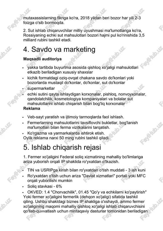 vachilik", 01.45 "qo'y va echkilarni ko'paytirish" yoki fermer xo'jaligini fermerlik (dehqon xo'jaligi) sifatida tashkil qiling. ushbu shakldagi biznes ip shakliga o'xshaydi, ammo fermer xo'jaligining maqomi mahalliy qishloq xo'jaligi ishlab chiqaruvchisini qo'llab-quvvatlash uchun mintaqaviy dasturlar tomonidan beriladigan subsidiyalarni olish huquqini beradi. dasturlar to'g'ridan-to'g'ri subsidiyalarni o'z ichiga oladi, masalan, chet ellik fermerlardan echki zotini sotib olish va tashish xarajatlarini to'lash, shuningdek, rossiya tijorat banklarida kreditlash stavkalarini subsidiyalash yoki qishloq xo'jalik texnikalarini sotib olish uchun lizing shartnomalari bo'yicha foizlarni qoplash. kerakli hujjatlar ro'yxati: · chorvachilik fermasini qurish yoki tashkil etishga ruxsat beruvchi mahalliy hukumat qarori · sanitariya inspektsiyasidan (veterinariya nazorati) binolar, echki podasini parvarish qilish uchun jihozlardan foydalanish va veterinariya guvohnomasini olish uchun ruxsatnomalar · chiqindilarni qayta ishlash va yo'q qilish shartnomasi, sanitariya nazorati mahalliy hokimiyati tomonidan tasdiqlangan biologik chiqindilarni yo'q qilishga ruxsatnoma · mehnat inspektsiyasida ishlarni sertifikatlash va sertifikatlash. ruxsatnomalarni (shu jumladan loyiha hujjatlarini) olish va biznesni ro'yxatdan o'tkazishning umumiy qiymati eng …