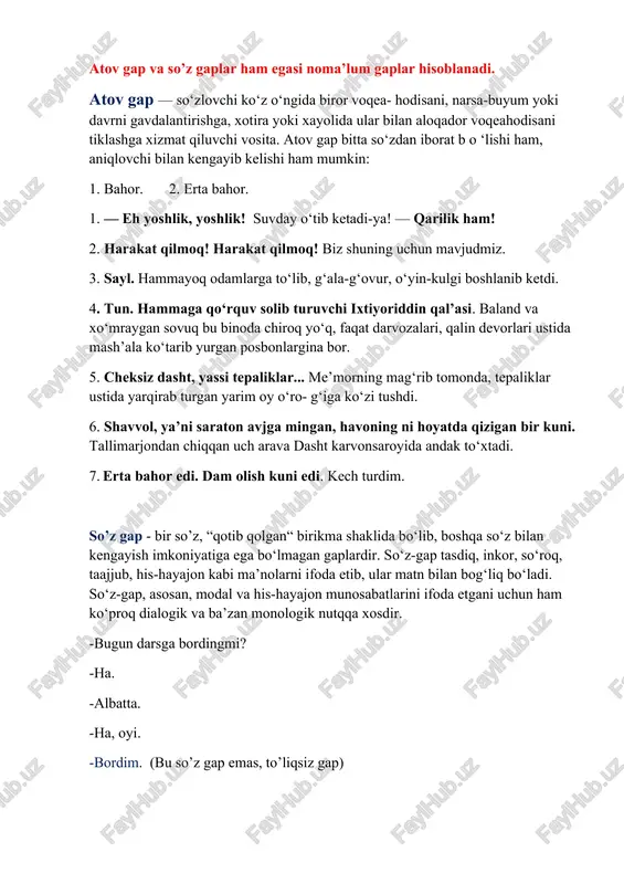 q bo‘ladi. so‘z-gap, asosan, modal va his-hayajon munosabatlarini ifoda etgani uchun ham ko‘proq dialogik va ba’zan monologik nutqqa xosdir. -bugun darsga bordingmi? -ha. -albatta. -ha, oyi. -bordim. (bu so’z gap emas, to’liqsiz gap) egali va egasi gaplar gaplar eganing ishtirokiga ko’ra ikkiga bo’linadi: i.egali gaplar – gapda egasi mavjud bo’lgan gaplar. qo’shni xonadan qizlarning sho’x ovozi eshitildi. yulduzlar asta - sekin so’na boshladi. insondagi umid hech qachon so’nmaydi. egali gaplar ikki bosh bo’lakli gaplar ham deyiladi. ii.egasiz gaplar – egasi ifodalanmagan gaplar. bunday gaplar uch turga bo’linadi: 1.egasi(shaxsi) ma’lum gaplar – bunday gapla r da gap kesimiga savol berib, egani aniqlash mumkin bo’ladi. ya’ni ega kesimn ing shaxs - son qo’shimchalaridan anglashilib turadi. hozir milliy sertifikat sinoviga tayyorlanyapman. shu she’rni ertagacha yodlaysan. kechgacha qaytib keladi. sinfimiz bilan juda ahilmiz. ertalab barvaqt uyg’onsangiz, barcha ishlaringizga ulgurasiz. bu topshiriqni, albatta, uddalashadi. (men) hozir milliy sertifikat sinoviga tayyorlanyapman. (sen) shu she’rni ertagacha yodlaysan. …
