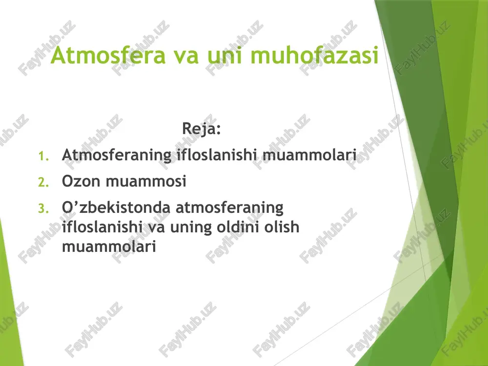 ni kuchaytirish, etil qo’shilgan benzindan astasekin butunlay voz kcchishni ta’minlash; siqilgan gaz va dzel yoqilgisidan ko’proq foydalanish; transport xarakatini optimallashtirish; transport parkini sekin-asta yangilash; elektr transport!, metroni rivojlantirish; yashil-ximoya zonalarini tashkil qilish va boshqalami amalga oshirish zarurdir. xavo ifloslanishini kuzatish va nazorat qilish-monitoring tizimini takomillashtirish talab etiladi. o’zbekistonda «atmosferani muhofaza qilish to’g’risida» mahsus qonun (1996-yii, dekabr) qabul qilingan. qonunga muvofik, atmosferaga salbiy ta’siri uchun korxonalar, tashkilotlar va muassasalar uchun to’lovlar belgilangan va boshqa majburiyatlar yuklangan. belgilangan me’yordan ortiq ifloslovchi birikmalami chiqarish uchun ham to’lovlar belgilangan. xulosa qilib aytganda sanoatda atmosferaning ifloslanishini kamaytirish uchun: yangi tozalash qurilmalarini ishga tushirish va samaradorligini oshirish; kam chiqitli va chiqindisiz texnologiyalami joriy etish; zararli korxonalami chetga chiqarish va boshqa tadbirlani amalga oshirish zarurdir. foydalanilgan adabiyotlar ekologiya (o’quv qo’llanma) image1.png image2.png ilalisuaaind tivivaidotonxal lououxv lnamhsol idvginon ainzvuox-ty gvininvhoin joituizva uv tvalidotonxal itavove argon [2] [|] karbonat angidrid(is gazi) 9.93% 0,03% /docprops/thumbnail.jpeg