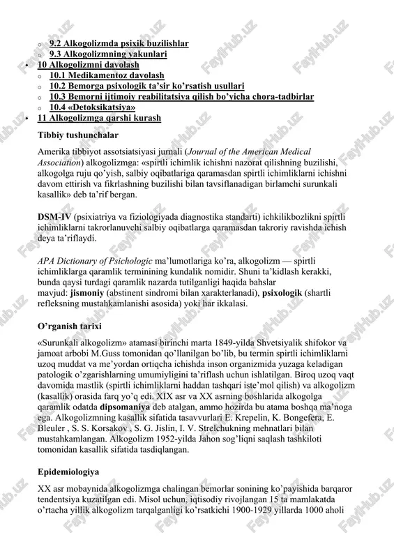 spirtli ichimliklarni ichishni davom ettirish va fikrlashning buzilishi bilan tavsiflanadigan birlamchi surunkali kasallik» deb ta’rif bergan. dsm-iv (psixiatriya va fiziologiyada diagnostika standarti) ichkilikbozlikni spirtli ichimliklarni takrorlanuvchi salbiy oqibatlarga qaramasdan takroriy ravishda ichish deya ta’riflaydi. apa dictionary of psichologic ma’lumotlariga ko’ra, alkogolizm — spirtli ichimliklarga qaramlik terminining kundalik nomidir. shuni ta’kidlash kerakki, bunda qaysi turdagi qaramlik nazarda tutilganligi haqida bahslar mavjud: jismoniy (abstinent sindromi bilan xarakterlanadi), psixologik (shartli refleksning mustahkamlanishi asosida) yoki har ikkalasi. o’rganish tarixi «surunkali alkogolizm» atamasi birinchi marta 1849-yilda shvetsiyalik shifokor va jamoat arbobi m.guss tomonidan qo’llanilgan bo’lib, bu termin spirtli ichimliklarni uzoq muddat va me’yordan ortiqcha ichishda inson organizmida yuzaga keladigan patologik o’zgarishlarning umumiyligini ta’riflash uchun ishlatilgan. biroq uzoq vaqt davomida mastlik (spirtli ichimliklarni haddan tashqari iste’mol qilish) va alkogolizm (kasallik) orasida farq yo’q edi. xix asr va xx asrning boshlarida alkogolga qaramlik odatda dipsomaniya deb atalgan, ammo hozirda bu atama boshqa ma’noga ega. alkogolizmning kasallik sifatida …