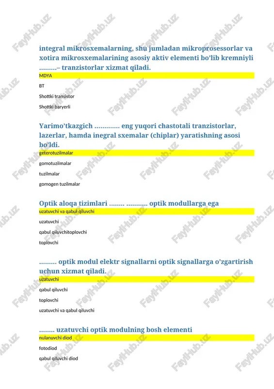 mikrosxemalar …….. integral mikrosxema deb ataladi. yarimo’tkazgich elektrovakumli pardali gibridli elementlari dielektrik asos sirtida parda ko’rinishida hosil qilingan mikrosxemalar ……… integral mikrosxema deb ataladi. pardali gibridli yarimo’tkazgich elektrovakumli yupqa pardali integral mikrosxemalar qalinligi 1-2 mkm 5-10 mkm 10-15 mkm 100-200 mkm qalin pardali integral mikrosxemalar qalinligi 10 mkmdan yuqori 8 mkmdan yuqori 5 mkmdan yuqori 1 mkmdan yuqori ……. integral mikrosxema deb umumiy dielektrik asosda joylashgan pardali passiv va diskret aktiv elementlar kombinatsiyasidan iborat mikrosxemaga aytiladi. gibrid pardali yarimo’tkazgich elektrovakumli ishlatilgan tranzistor turiga muvofiq yarimo’tkazgich integral mikrosxemalar ………. integral mikrosxemalarga ajratiladi. bt va mdya n va p i va n shottki va gan integral mikrosxema integratsiya koeffisienti k =1 bo`lsa – oddiy o’rtacha katta o’ta katta integral mikrosxema integratsiya koeffisienti k =2 bo`lsa – o’rtacha oddiy katta o’ta katta integral integral mikrosxema integratsiya koeffisienti k =3 bo`lsa – katta o’rtacha oddiy o’ta katta integral mikrosxema integratsiya koeffisienti k =4÷5 bo`lsa …