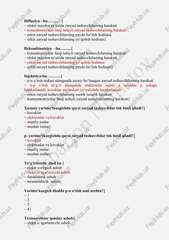 oritgich asbob = elektr o‘zgartiruvchi asbob ~ fotoelektrik asbob ~ termoelektrik asbob} yarimo‘kazgich diodda p-n o‘tish soni nechta?{ = 1 ~ 2 ~ 3 ~ 4} termorezistor qanday asbob{ ~ elektr o‘zgartiruvchi asbob = termoelektrik asbob ~ elektr yoritgich asbob ~ fotoelektrik asbob} p-n o‘tish kengligi nimalarga bog‘liq?{ ~ teskari ulangan kuchlanishga bog‘liq = faqat kiritmalar kontsentratsiyasiga ~ faqat yarimo‘tkazgich materialiga ~ faqat kiritmalarning taqsimlanish xarakteristikasiga} p-n o‘tishda qaysi zaryad tashuvchilar tok hosil qiladi ?{ ~ kovaklar = elektronlar va kovaklar ~ manfiy ionlar ~ musbat ionlar} p-n o‘tish to‘g‘ri siljitilganda tashqi kuchlanishning ...{ ~ n-sohaga ulanuvchi qutbning axamiyati yo‘q = manfiy uchi n-sohaga ulanadi, natijaviy maydon kamayadi ~ musbat uchi n-sohaga ulanadi, natijaviy maydon ortadi ~ musbat uchi n-sohaga ulanadi, natijaviy maydon kamayadi} p-n o‘tish teskari siljitilganda tashqi kuchlanishning ...{ ~ musbat uchi n-sohaga ulanadi, natijaviy maydon kamayadi = musbat uchi n-sohaga ulanadi, natijaviy maydon ortadi ~ manfiy uchi …