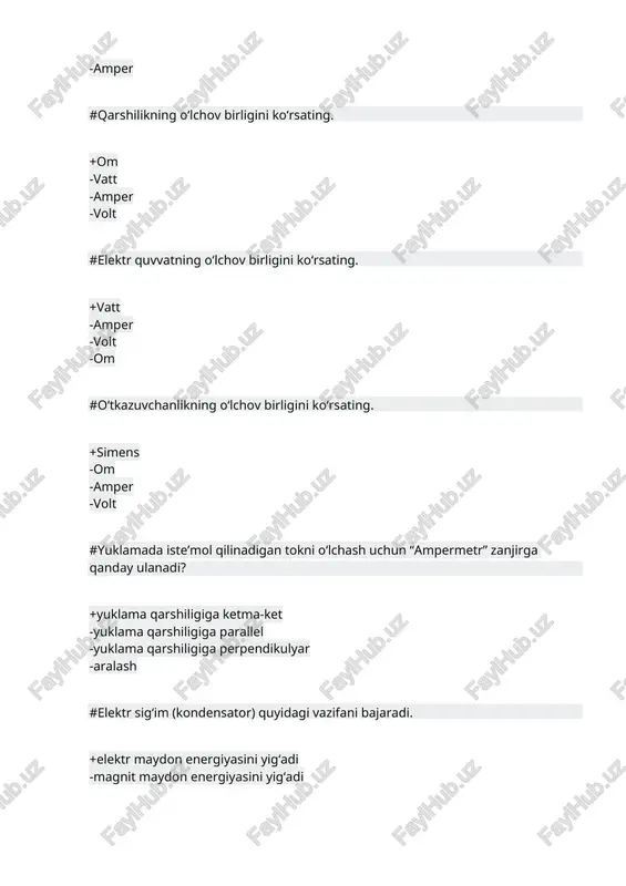 tr ------ miqdoriga aytiladi -protonlar va neytronlar miqdoriga aytiladi -atomdagi protonlar miqdoriga aytiladi- -adrodagi elektronlar miqdoriga aytiladi #o‘zgarmas tok bu … +tebranishlar chastotasi f=0 bo‘lgan elektr toki -tebranishlar chastotasi f>0 bo‘lgan elektr toki -tebranishlar chastotasi f 3ev -1,12ev -0,67ev #germaniy elementining taqiqlangan zonasi ... ga teng. +0,67ev -1,43ev ->3ev -1,12ev #dielektriklarning taqiqlangan zonasi ... ga teng. +>3ev -1,12ev -0,67ev -1,43ev #kremniy elementining taqiqlangan zonasi ... ga teng. +1,12ev ->3ev -0,67ev -1,43ev #n - turdagi yarimo‘tkazgichda asosiy zaryad tashuvchilar ... +elektronlar -kovaklar -musbat ionlar -manfiy ionlar #n - turdagi yarimo‘tkazgichda qaysi zaryad tashuvchilar tok xosil qiladi? +elektronlar -kovaklar -musbat ionlar -manfiy ionlar #p- turdagi yarimo‘tkazgichda asosiy zaryad tashuvchilar. +kovaklar -musbat ionlar -manfiy ionlar -elektronlar #p- turdagi yarimo‘tkazgichda qaysi zaryad tashuvchilar tok xosil qiladi? +kovaklar -musbat ionlar -manfiy ionlar -elektronlar #p- turdagi yarimo‘tkazgich bu ... +akseptorli yarimo‘tkazgich -to‘liqsiz yarimo‘tkazgich -donor kirishmalar konsentratsiyasi akseptor kirishmalar konsentratsiyasiga teng yarimo‘tkazich -donorli yarimo‘tkazgich #i- turdagi yarim …