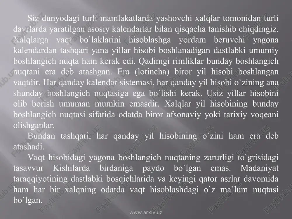 asdiqlandi. mazkur kengash barcha xristianlar zimmasiga post (ro`za) majburiyatini yukladi. shuningdek, unda ko`p yillardan buyon baxsli bo`lib kelayotgan masala – pasxa bayramini (xristosning “tug`ilgan” kunini) nishonlash masalasi xal qilindi. pashali tuzish jarayonida uning miyasiga “nega endi pashalini, bir vaqtlar xristianlarni kuvgin qilib, ularga jabr va zulm ko`rsatgan zolim budparast deolektian erasidan boshlash kerak?” degan fikr keladi. www.arxiv.uz www.arxiv.uz www.arxiv.uz www.arxiv.uz shu uy sabab bo`lib, u navbatdagi pashaliyni iso paygambarning tug`ilgan kunidan boshlangan kalendar bo`yicha tuzishga qaror qiladi. iso paygambarning yerdagi hayotini yoritgan xristianlarning muqaddas injil kitobi, paygambar 30 yoshida butga qoqilgandan so`ng 25 martda, yakshanba kuni qayta tug`ilganini va aynan shu kuni “birinchi bayram” sifatida nishonlanganini ma`lum qiladi. shuni asos qilib, dionisiy 25 mart yakshanbag`a to`gri kelgan yillarni qidirdi va topdi. u deolektian erasi bo`yicha 279 yilga to`gri keldi. haftaning ma`lum kuniga aniq bir kunning to`gri kelishi (jumladan, yakshanba kuni qaytadan 25 martga to`gri kelishi) 532 yillik davriga tengligini olimlar …