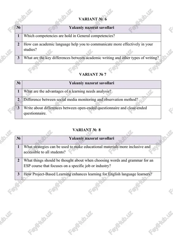 what skills are related to case-based learning? 2 define factors affecting course design. 3 write about course evaluation. variant № 15 № yakuniy nazorat savollari 1 how can academic language help you communicate more effectively in your studies? 2 what are the steps of conducting needs analysis? 3 what is esp? variant № 16 № yakuniy nazorat savollari 1 what is the purpose of conducting needs analysis? 2 what does esp stand for and why do we study it? 3 what is the difference between eap and esp? variant № 17 № yakuniy nazorat savollari 1 what are some common features of academic essays and research papers? 2 what are the strengths of questionnaires? 3 what are disadvantages of using the observation method? variant № 18 № yakuniy nazorat savollari 1 how can teachers modify lesson plans to accommodate different learning styles and abilities? 2 what are the limitations of …