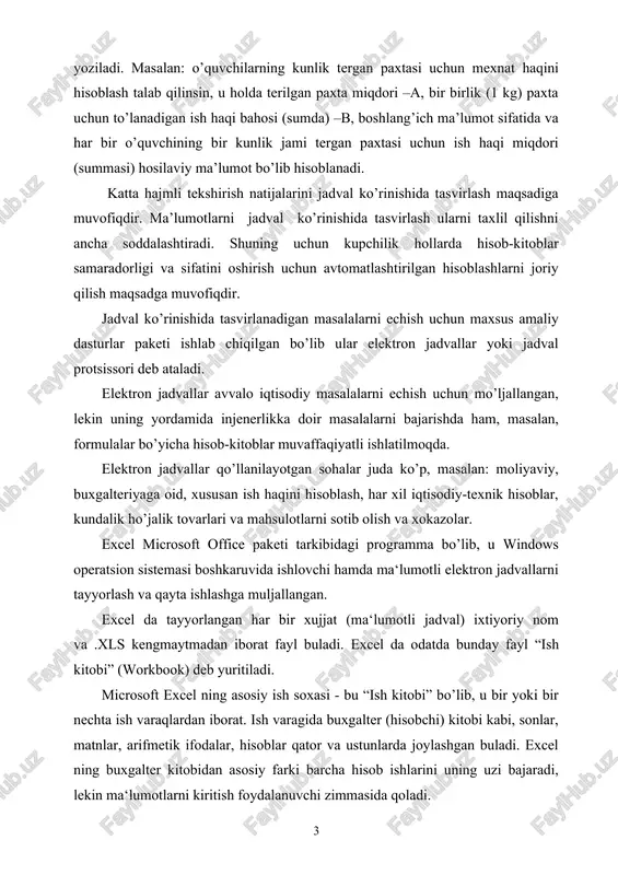 chiqadi, (2-rasm) 2- rasm 3- rasm sungra microsoft excel dasturining ish oynasi ekranga chiqadi (3-rasm). microsoft excel dasturidan chiqishning bir necha yo’llari mavjud bo’lib bo’lardan ayrimlarini ko’ramiz. 1. tizimli tugmalardan - yopish tugmasini sichqonchaning chap tugmasini bosish orqali dasturdan chiqishimiz mumkin. 2. fayl menyusiga kirib vixod buyrug’ini tanlab ham dasturdan chiqishimiz mumkin. 3. klaviatura orqali esa alt + f4 tugmalarini birgalikda bosish orqali dasturdan chiqishimiz mumkin microsoft excel dasturining ish oynasi qo’yidagi qismlardan tashkil topgan sarlovha satri -oynaning eng yuqoridagi qismi. bu satrda dastur belgisi, fayl nomi va dastur nomi, oynaning uchta asosiy tugmalari joylashgan buladi. shu satrga sichqoncha bilan bosib turib, harakatlantirsak, u holda oynani ekranda joyini o’zgartirish mumkin. menyu satri - oynaning bu satri asosan sarlovha satri tagida joylashadi va shu satr yordamida dasturning hamma buyruqlari bilan ishlashimiz mumkin, chunki bu satrda hamma buyruqlar saralanib guruxlarga bulingan. uskunalar satri - oynaning uchinchi va to’rtinchi satri bulib bu satrda …