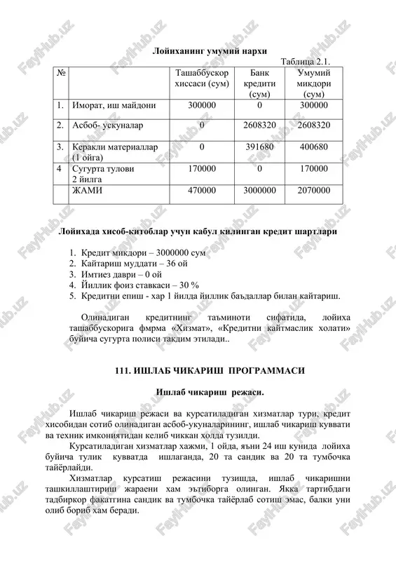 a tulik kuvvatda ishlaganda, 20 ta sandik va 20 ta tumbochka tayyorlaydi. xizmatlar kursatish rejasini tuzishda, ishlab chikarishni tashkillashtirish jaraeni xam e'tiborga olingan. yakka tartibdagi tadbirkor fakatgina sandik va tumbochka tayyorlab sotish emas, balki uni olib borib xam beradi. ishlab chikarishni tayerlash. ishlab chikarishning jaraeni, uzini ichiga, olinaetgan asbob-uskunalar, kursatiladigan xizmatlar joyini kayta moslashtirish tadbirlari va shu tadbirlar bilan boglik xarajatlarni oladi. ushbu xarajatlar loyixa tashabbuskori xisobidan koplanadi. ishlab chikarish jaraeni. yakka tartibdagi tadbirkor nodir tuychiev, kredit mablaglari xisobidan olinadigan asbob-uskunalar bilan ishlab chikarish tashkillashtirishni rejalashtirgan. № asbob-uskunalar nomi soni narxi summasi 1 frezerniy stanok 1 670000 670000 2 elektro-dvigatel 380 v 1 185000 185000 3 elektro drel 1 150000 150000 4 transformatorniy shit 1 450000 450000 5 tsirkulyarka va arralar komp 360000 360000 6 portativniy stanok 2 360000 620000 7 elektro spiral 1 10500 10500 8 sverlo komp 15500 15500 9 va boshkalarga 147320 10 jami: 2608320 kredit olingandan …