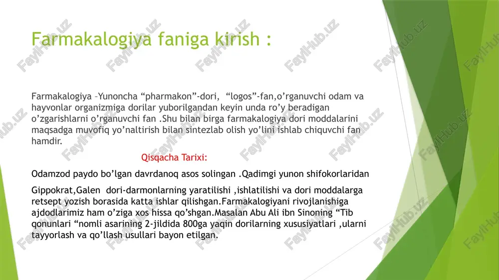 aminlanishi yaxshi bo’lganligi uchun dori vositalarining so’rilishi tez bo’ladi. - vena ichiga dori yuborilaganda -dori moddalarning ko’p miqdori ,qon bilan aralashadi va qonda o’zining konsentratsiyasini hosil qiladi dorilar tomir ichiga yuborilganda asta yuborilishi shart chunki dori moddalar tez yuborilsa konsentratsiya hosil qilib zaxarlovchi tasir ko’rsatishi mumkin. dori vositalarining so’rilish mexanizmi dori vositalari oshqozon –ichak yo’lidan o’tib murakkab biologic membranalarni hosil qiluvchi bir necha qavat hujayralar orqali qon yoki limfaga o’tishi bu -so’rilish jarayonidir .so’rilish jarayoni: -passiv diffuziylanish; -filtratsiya ; -faol transport; -pinositoz ; dori moddalarning chiqib ketishi:illuminatsiya . organizmga dori moddalari so’rilgandan so’ng qonga o’tadi, qondan jigarga boradi so’ng dori moddalari zararsizlanadi va metobolizmga uchraydi.qonda dori vositalari erkin holatda yoki oqsillar bilan bog’langan holatda bo’ladi . erkin holatda bolgan moddalar plazmaning suyuq qismida bo’lib qon tomirlar devorida so’riladi va to’qimalarga o’tadi. oqsillar bilan bog’langan dori moddalari esa to’qimalarga o’tolmaydi va erkin holatda asta –sekin ajraladi. dori moddalari organizmda to’qimalarda maxsus …