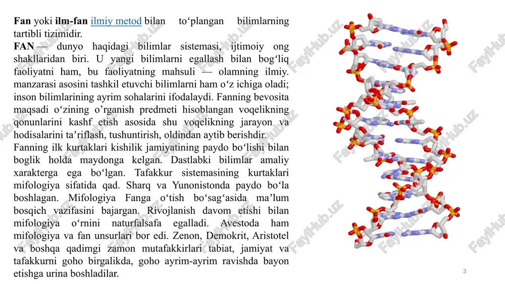oshladilar va uning isbotlangan qonuniyatlaridan boshqa sohalarda ham foydalanish harakatiga tushdilar. 6 sanoatda tub oʻzgarishlar yuz berishi (18-asr oxiri) tufayli fanning taraqqiyotida yangi bosqich boshlandi. 19-asrda fizikada yangi fanlar (termodinamika, klassik elektrodinamika) paydo boʻldi, biologiyada evolyutsion taʼlimot va hujayra nazariyasi vujudga keldi, energiyaning saqlanish va oʻzgarish qonuni shakllandi, astronomiya va matematikada yangi konsepsiyalar rivojlandi (j.maksvell, m. faradey, j. lamark, ch.darvin, t.shvann, m.shleyden va boshqalar). geom. sohasida inqilobiy taʼlimot yaratildi: asrlar davomida hukm surib kelgan yevklid geometriyasi yagona emasligi, balki noyevklid geom.lar ham borligi n.lobachevskiy tomonidan bayon etildi va keyinchalik isbotlandi. dm.mendeleyevning davriy sistemasi xar xil kimyoviy elementlar orasidagi ichki boglanishni ifodaladi. mat. va fizikada 20-asrda ham katta yutuqlar qoʻlga kiritildi, texnika f.larida radiotexnika, elektronika kabi sohalar paydo boʻldi. f. va texnikaning yanada rivojlanishiga taʼsiri borgan sari ortib borayotgan kibernetika vujudga keldi. fizika va kimyo f.laridagi muvaffaqiyatlar hujayralardagi biologik jarayonlarni yanada chuqurroq oʻrganishga imkon berdi, bu hol qishloq xoʻjaligi va tibbiyot …