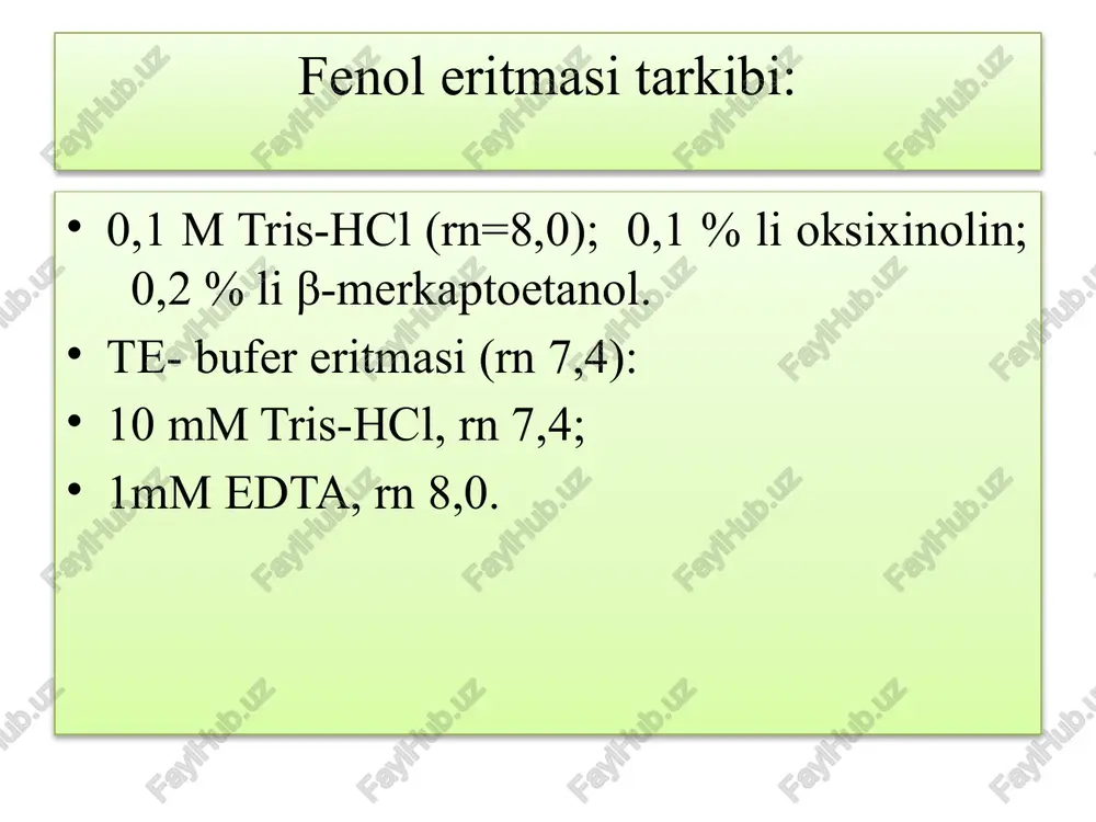 ya bosqichlaridan so‘ng tsentrifugalash jarayoni ketadi, bunda silikagel va nk cho‘kma hosil qiladi. supernatant to‘kib tashlanadi. keyin 1-3 martagacha 70 % li etanol bilan yuvib tashlanadi. spirtli yuvishlar xaotrop tuz qoldiqlarini to‘liq yo‘qotish uchun zarur. tugallanish bosqichida, nk ni silikageldan ajralishi past ion kuchli eritmada sodir bo‘ladi. rn 8-9 da dnk oson ajraladi va butunligini saqlab qoladi (melzac, 1996). sio2 eritmasini tayyorlash: 60 gr sio2 500 ml d h2o tayyorlanishi: probirkaga solib aralashtiramiz, 24 soat xona haroratida qoldiramiz. 430 ml suyuqlikni so‘rib olish orqali to‘kib tashlaymiz. qayta suspenziyalaymiz, ya’ni, 500 ml d h2o ni energetik aralashtirgan holda solamiz. xona haroratida 5 soat qoldiramiz. 440 ml suyuqlikni so‘rib olish orqali to‘kib tashlaymiz. qolgan cho‘kmaga 600 µl kons. hcl quyamiz, 2,0 ga yetguncha. alikvotni 4 ml dan qilib bir nechta probirkaga solib chiqamiz. avtoklavlaymiz. xona haroratida 6 oygacha saqlanadi. ishning borishi: 1.1,5 ml li mikrotsentrifugaga mo‘ljallangan probirkaga 900 µl l6 va 40 …