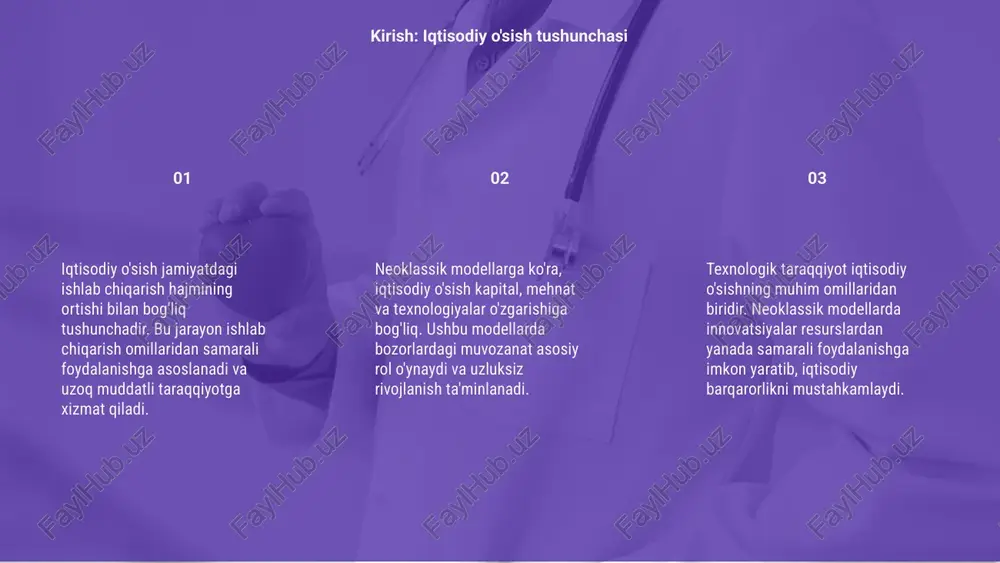 a tashqi omillarning o‘sishga ta’siri yetarlicha aks ettirilmaydi. neoklassik model cheklovlari va tanqidlar tanqidchilarga ko‘ra, neoklassik model real iqtisodiy farqlarni tushuntirishda zaif. model bozorlarning mukammal ishlashiga asoslangan, lekin real hayotda nomukammalliklar ko‘p uchraydi. shu sababli, ushbu modellarga muqobil yondashuvlar ishlab chiqilmoqda. 01 neoklassik iqtisodiy o'sish modellari texnologik taraqqiyotning samarali rolini ta'kidlaydi. ushbu yondashuv bo'yicha iqtisodiy o'sish mehnat, kapital va texnologik omillarga bog'liq bo'ladi. 02 texnologik taraqqiyot ishlab chiqarish samaradorligini oshirish orqali iqtisodiy o'sishning asosiy omiliga aylanadi. bu esa, uzoq muddatli barqaror rivojlanish uchun mustahkam asos yaratadi. 03 neoklassik modellarga ko'ra, texnologiya investitsiyalar va innovatsiyalar orqali yangilanib boradi. natijada iqtisodiy samaradorlik ortib, jamiyat farovonligi oshishi mumkin bo'ladi. texnologik taraqqiyot va iqtisodiy o'sish neoklassik iqtisodiy o'sish modellari uzoq muddatli barqaror iqtisodiy o‘sishni tushuntiradi. ushbu modellar resurslar samaradorligi va texnologik taraqqiyotning iqtisodiy o‘sishga ta’sirini o‘rganadi. amaliy jihatdan, neoklassik modellardan davlat siyosatini shakllantirish va makroiqtisodiy prognozlar yaratishda foydalaniladi. kapital va mehnat unumdorligini oshirish strategiyalari …