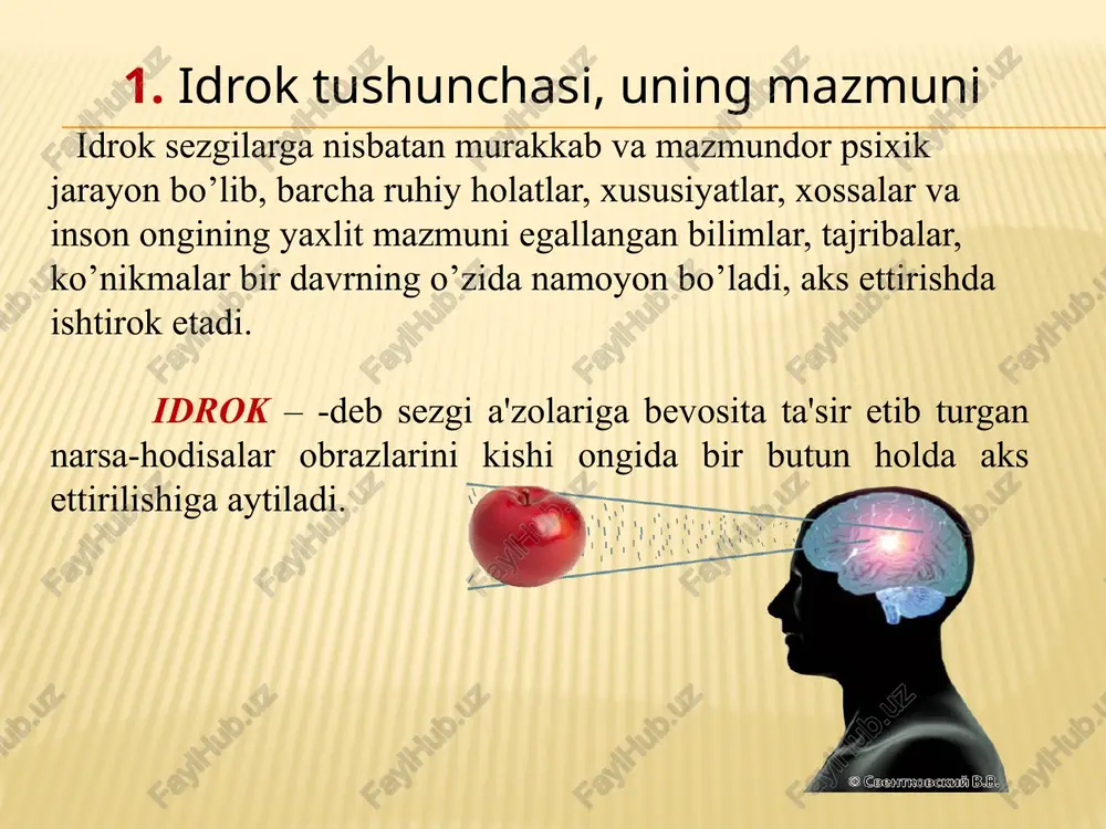 qilish vaqtni idrok qilish inson tomonidan aks ettirilayotgan vaqt birligining ob'ektiv (haqqoniy, xolis) mazmuniga, shaxsning o’ziga nisbatan munosabatiga bog’liq bo’lib, shu mezon orqali uning mahsuldorligi o’lchanadi. masalan, shaxsning ehtiyoji motivasiyasi, qiziqishi va intilishlariga mutanosib vaqt birligini, idrok birligini idrok qilgan taqdirdagina vaqt ob'ektiv jihatdan kechinmalar, histuyg’ularga nisbatan shaxsning ijobiy, haqqoniy munosabatlarida tez o’tganday idrok qilinadi, odatda yoqtirmaslik idrok maydoniga (qamroviga) nomutanosiblik esa shaxsda zerikish, vaqt "sekin" o’tish tuyg’usini uyg’otadi. fazoni idrok qilish fazoni idrok qilish undagi narsalarning shaklini, hajmini va o’zaro munosabatlarini aks ettirishdir. demak, fazodagi narsalar uch o’lchovda idrok qilinadi; narsalarning shakli: uch burchakli, to’rt burchakli, kub, kvadrat, doira, konus va boshqalar. narsalarning hajmi katta, kichik, o’rtacha, yirik, mayda va boshqalar. -narsalarning bir-biriga va idrok qiluvchiga munosabati: o’ngda, chapda, yuqorida, pastda, uzoqda va hokazo. fazoni ko’rish, teri, muskul-harakat organlari bilan idrok qilinadi. harakatni idrok qilish tevarak-atrofdagi narsa-hodisalar muayyan vaqt davomida o’z o’rinlarini almashtirib turadilar. kishilar narsa-hodisalarning fazoda o’rin almashtirib …