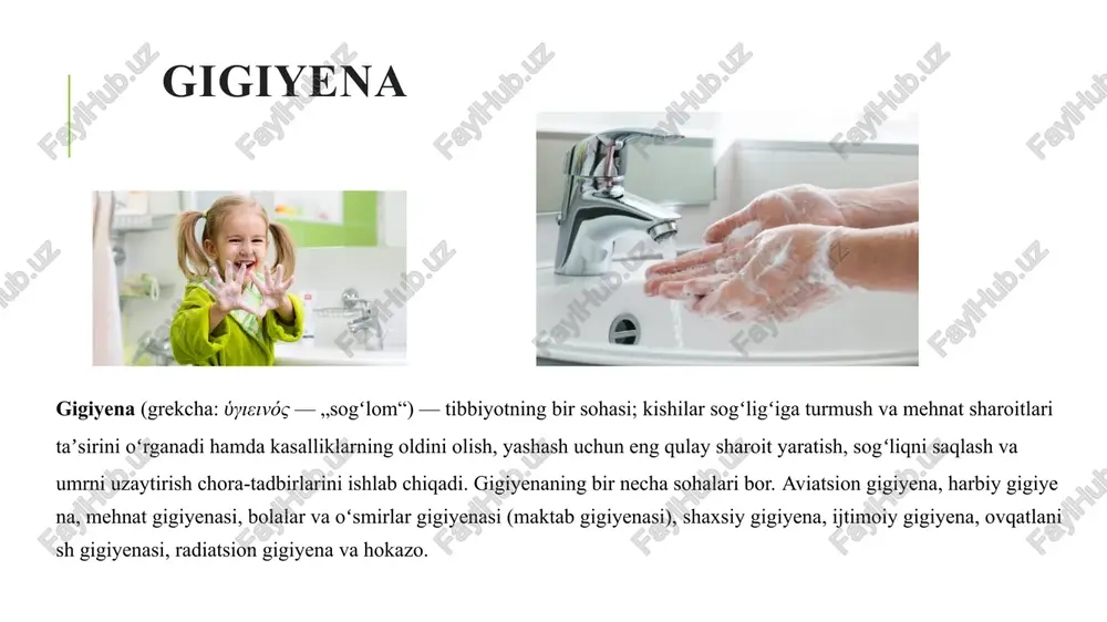 hayvon va o’simliklar evolyutsion o’zgarishlarida eng muhim omil bo’lgan tashqi muhit ekanligini aytdi. ch. darvin “turlarning kelib chiqishi”{1859} asarida “tabiatdagi yashash uchun kurash, ya’ni tur bilan muhit o’rtasidagi har qanday qarama –qarshiliklarning ko’rinishlari tabiiy tanlanishga olib keladi va evolyutsiyaning harakatlantiruvchi kuchidir ” deb qaraydi. ekologiya ekologiya (qadimgi yunoncha: οἶκος — „uy“, „turar joy“) — organizmdan har xil darajada yuqori turadigan sistemalar; populyatsiyalar, biotsenozlar, biogeotsenozlar (ekosistemalar) va biosferaning tuzilishi, ularda kechadigan jarayonlarni oʻrganadigan biologiya fanlari majmui. ekologiyani organizmlar va ular bilan atrof muhit oʻrtasidagi oʻzaro munosabatlarni oʻrganadigan fan sifatida ham talqin qilinadi. ekologiya oʻrganadigan obʼyektlariga koʻra, umumiy va xususiy ekologiyaga ajratiladi. image2.jpg image3.jpeg image4.png image5.jpeg image6.jpeg image7.jpeg image8.jpeg /docprops/thumbnail.jpeg gigienaning predmetl va nazifalare