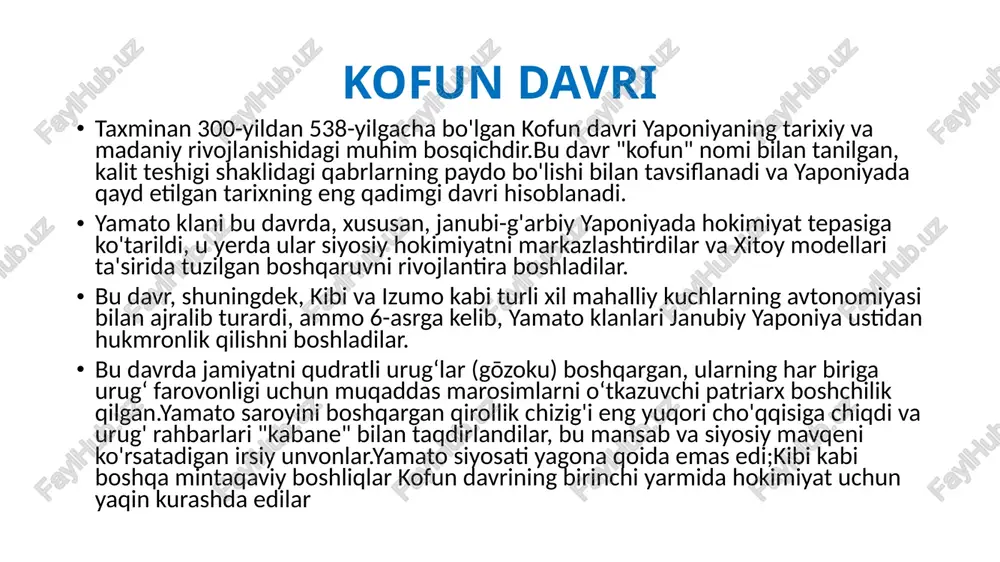 uning jiyani shahzoda otomo o'rtasidagi ziddiyat.bu urush tayxo kodeksi bilan yakunlangan keyingi ma'muriy o'zgarishlarga olib keldi.[ ushbu kodeks mavjud qonunlarni birlashtirdi va markaziy va mahalliy hukumatlar tuzilmasini belgilab berdi, bu esa taxminan besh asr davom etgan xitoydan keyin namunali markazlashgan hukumat tizimi ritsuryo davlatining barpo etilishiga olib keldi. yaponlarda dafn tepaliklari. feodalizm shakllantirish ayniqsa, qonun va yer boshqarish, yozish va davlatchiligi: o'rta asrlarda yaponiya, xitoy va koreya ko'p qarzdor davlatlar hisoblanishgan. qo'shnilar bilan uning rivojlanishida muhim rol o'ynagan mamlakatlar va buddizm dini bu davlatning keying taraqqiyotiga sababchi bo’lgan. asuka davri (552-645 gg.) va nara (645-794 gg.) feodalizmning paydo bo'lishi va qarz unsurlar asosida mahalliy madaniyatning rivojlanishini ham alohida ta’kidlash kerak. yaponiyada binolar qurish tez suratlarda o’sib ketadi. buddist ma'badi -horyudzi bir muhtasham misol nara, yaponiya birinchi poytaxti atrofida qurilgan, bu davr, monastiri. yaponiya ibodatxonalar ham mayda, yana ixcham edi. nara ibodatxonasi. ustunlardagi yozuvlar. image1.jpeg image2.jpeg image3.jpeg /docprops/thumbnail.jpeg 3-mavau: v-xl asrlarda …