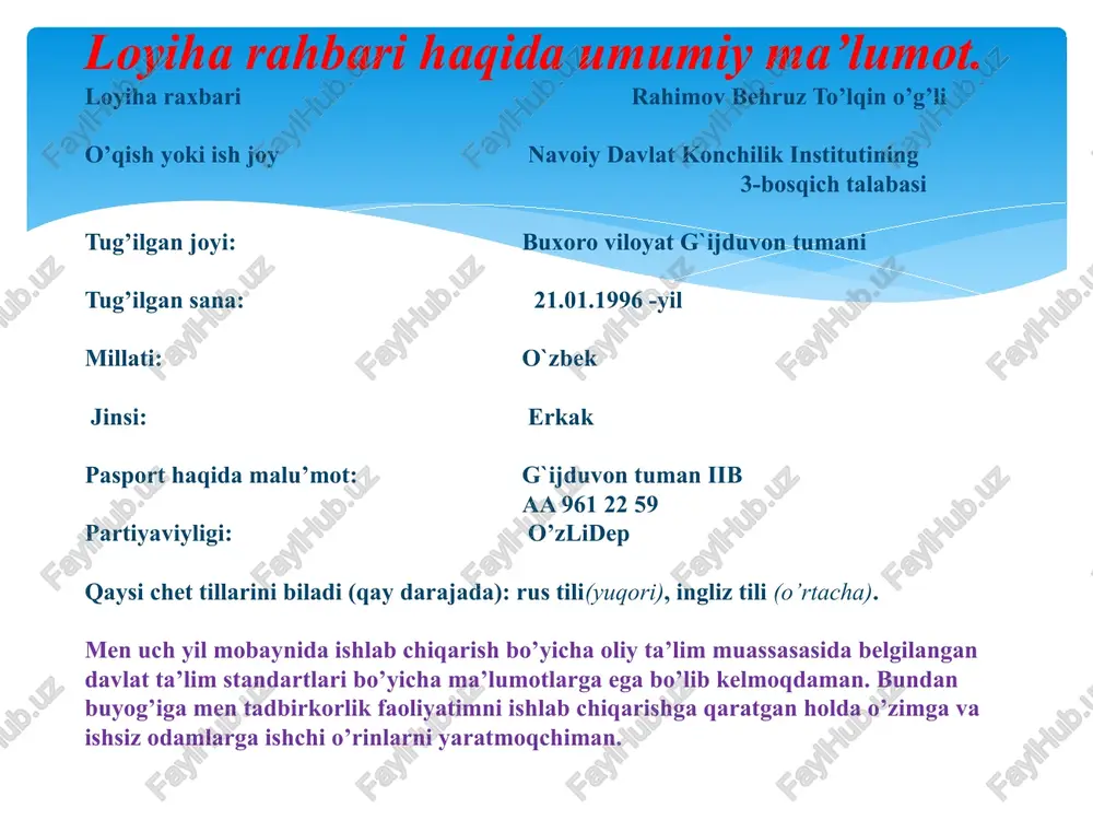 15 000 1 500 000 + 7 suv havzasi 1 2 000 000 2 000 000 + xom ashyo (oq qog’oz) 18 t 2 600 46 800 000 + 8 xom ashyo (qora qog’oz) 10 t 2 200 22 000 000 + 9 yelim 20 kg 10 000 200 000 + 11 qadoqlash qog’ozi 50 kg 16 000 800 000 + 12 qadoqlash paketi 260 kg 6 000 1 560 000 + jami: - - - 80 460 000 365 727 300 marketing chiqindi qog’oz mahsulotlardan hojatxona qog’ozlarini ishlab chiqarish. sifati va hamyonbopligi bilan ajralib turadigan mahsulot ishlab chiqarish. bizning sigmentlar magazinlar va ichki bozorlar. mijozlar talabidan kelib chiqib, zamonaviylashgan mahsulot ishlab chiqarish. buyurtma asosida ikkilamchi qog’oz mahsulot ishlab chiqarish. mahsulotlarni so’ralgan manzillarga yetkazib berish. raqobatchi taxlili maxsulotning istemol xususiyati sifati narxi miqdori kafolat boshqalar bizning maxsulot. oq va qora hojatxona qog’ozi. talabga to’liq javob beradi. 4900-2450 komplekt, dona, buyurtmaga …