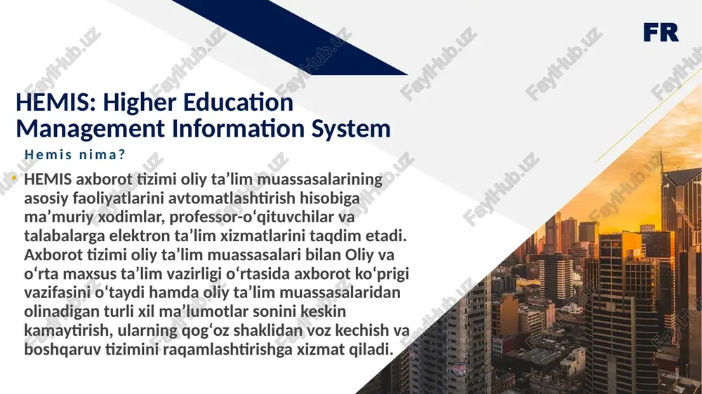 ‘muriy xodimiar, professor-o'qituvchilar va talabalarga elektron ta'lim xizmatlarini taqdim etadi. axborot tizimi oliy ta’lim muassasalari bilan oliy va o'rta maxsus ta’lim vazirligi o'rtasida axborot ko'prigi vazifasini o'taydi hamda oliy ta’lim muassasalaridan olinadigan turli xil ma‘lumotlar sonini keskin kamaytirish, ularning qog’oz shaklidan voz kechish va boshgaruy tizimini raqamlashtirishga xizmat qiladi. ma‘muriy boshqaruv otm strukturasi, fakultetlar va kafedralar, xodimlar va o'gituvchilar tarkibi, talabalar kontingenti va ularning harakatiga oid axborotlarni boshgarish o‘quv jarayoni o'quv dasturlari va rejalari, o’quy mashg'ulotlari va imtihonlar jadvallari, talabalarning o'zlashtirish va davomatiga oid axborotlarni boshgarish iimiy faoliyat iimiy loyihalar, ilmiy va uslubiy nashrlar, intellektual mulk, oliy malakali ilmiy pedagogik kadrlarni tayyorlashga oid axborotlarni boshgarish moliyaviy faoliyat ta'lim shartnomatari, shartnoma qiymatlari va to'lov monitoringj, stipendiya miqdorlari va stipendiya to'loviariga oid axborotlarni boshgarish € > ca hemisuz er yo@: hemis hagida faq yo'rignoma otmiar jamoa yangiliklar cc) o‘zbekiston respublikasi oliy va / o'rta maxsus ta’lim vazirligi raqamli universitet loyihasi raqamii universitet …