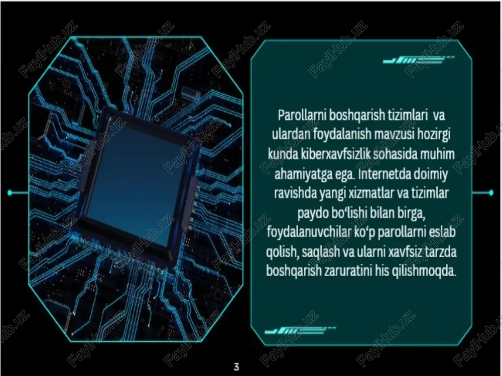 avfsizlikni oshirish, parollamni xavisiz saglash va boshqarish jarayonini osonlashtirishda ‘mubhim vositalardir. ular foydalanuvchilarga turli hisoblar uchun kuchli va noyob parollami yaratish, ulami xavisiz saqlash va kerak bolganda avtomatik tolidirish imkonini beradi. biroq, foydalanuvchilar master parollarini chtiyotkorlik bilan saqlashlari va iktd faktorni autentifkatsiyani faollashtiishlari kerak. 18 e'tiboringiz uchun rahmat jumayev jasurbek /docprops/thumbnail.jpeg