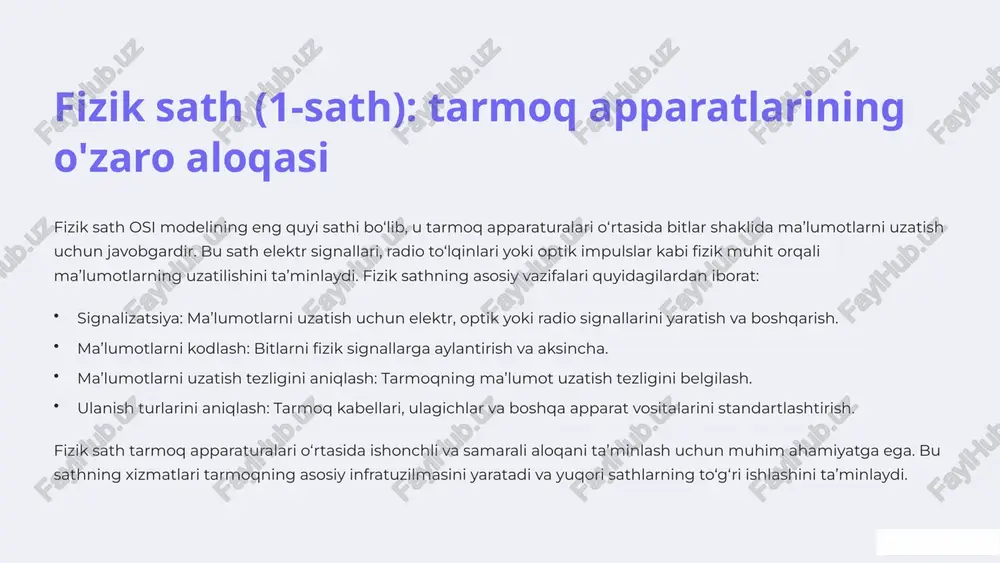 orqali aniqlash va paketlarni to‘g‘ri manzilga yo‘naltirish. marshrutizatsiya: paketlarni eng yaxshi yo‘nalish bo‘yicha yo‘naltirish va marshrutlash jadvallarini yaratish. paketlarni fragmentatsiya qilish: kattaroq paketlarni kichikroq qismlarga bo‘lish va ularni to‘g‘ri manzilga yetkazish. xatolarni boshqarish: ma’lumotlar uzatish jarayonida yuzaga kelgan xatolarni aniqlash va xabar berish. tarmoq sathi turli tarmoqlar o‘rtasida aloqani ta’minlash uchun muhim ahamiyatga ega. bu sathning xizmatlari internetning ishlashini ta’minlaydi va global miqyosda ma’lumotlarni uzatish imkonini beradi. marshrutizatorlar (routers) tarmoq sathida ishlaydi va paketlarni to'g'ri manzilga yo'naltirish uchun muhim rol o'ynaydi. 5 transport sathi (4-sath): ulanish va ma'lumotlar oqimini boshqarish transport sathi ilovalar o‘rtasida ishonchli va tartibli ma’lumot uzatilishini ta’minlaydi. bu sath tcp (transmission control protocol) va udp (user datagram protocol) kabi protokollarni ishlatadi. transport sathining asosiy vazifalari quyidagilardan iborat: ulanishni o‘rnatish: ilovalar o‘rtasida ulanishni o‘rnatish va boshqarish. ma’lumotlarni segmentatsiya qilish: kattaroq ma’lumotlarni kichikroq segmentlarga bo‘lish va ularni to‘g‘ri manzilga yetkazish. oqimni boshqarish: ma’lumotlar oqimini boshqarish va tarmoqning haddan tashqari …