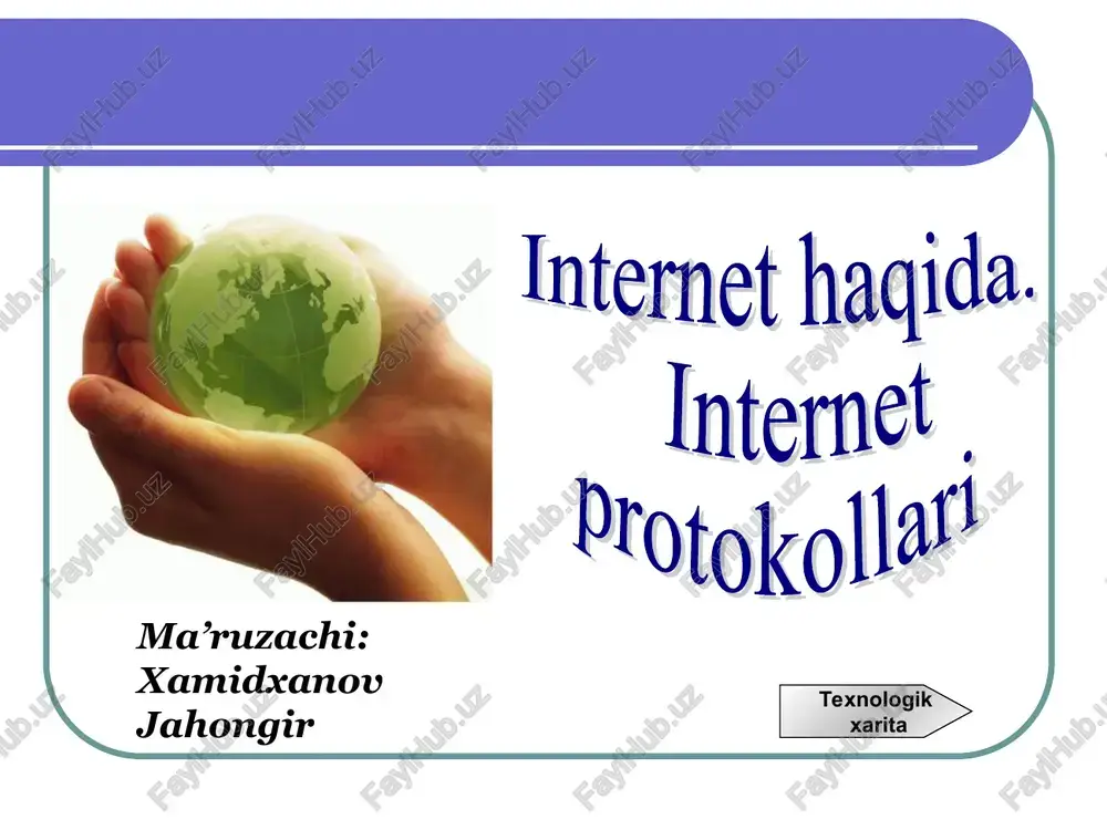 kollar uzatish tartibi. tarqalish hududi chegaralangan biroq ma’lumot uzatish tezligi ancha yuqori 24 mbit/s. 3 g- u gprs va ev-dodan ancha ilgarilab ketgan. ma’lumot uzatish tezligi 80 mbit/s. 4 g- mobil aloqaning istiqbolli 4-avlodi bo’lib. ma’lumot uzatish tezligi 100 mbit/s. wi-fi- qulay, tez va arzon. ma’lumot uzatish tezligi 5-100 mbit/s. biroq bir necha yuz radiusdagina ishlay oladi. wi-max- uyali aloqa tizimi uchun mo’ljallangan. ma’lumot uzatish tezligi ancha yuqori. bir necha o’n kilometrlarni qamrab oladi. wi-fi (wireless fidelity) gprs (general pocket protocol service) 3g (third generation) 4g (fourth generation) wi-max (worldwide interoperatability microwave access) protokol – kompyuter tarmog’ida axborot uzatizhning yagona qoidasi. internet tarmog’ida tcp/ip xalqaro protokol faoliyatda internet tarkibiga kiruvchi kompyuterlarning o`zgarmas manzili. 192.168.0.41 internet tarmog`ida ma’lumotlarni uzatishni nazorat qilish qoidasi. fayllarni jo’natish protokoli. internetning axborot muhitini tashkil etuvchi elektron xujjatlarning takrorlanmas manzili. yagona url manzilga ega bo’lgan tarmoq uchun yaratilgan ixtiyoriy hujjatlardir. muayyan mavzu doirasidagi bur nechta veb sahifalarning …
