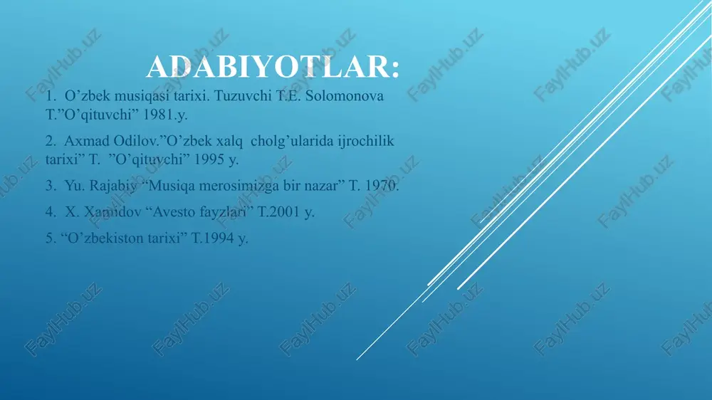 alari aniq bo’lib qoldi xalq va professional musiqaning og’zaki an’analari shakli vujudga keldi. 4. arablar hukmronligi davri (viii- ix asrlar). feodalizm davrida o’rta osiyo xalqlari madaniyati taraqqiyotning yangi bosqichiga ko’tarildi. vii asrda osiyoga arablarning kirib kelishi keng hududda arab xalifaligini barpo etdi. tirik jonzotni tasvirlashni taqiqlovchi islom dining yoyilishi devoriy suratlarni shu jumladan musiqa cholulari tasvirining barham topishiga olib keldi. vii-viii asrlardagi arab istilosi o’rta osiyo madaniyati taraqqiyotiga sezilarli ta’sir o’tkazdi. arablar hukmronligi davri (viii-ix asrlar) tarixda islom dinini majburan qabul qildirish va mahalliy xalqlarning to’xtovsiz qo’zg’olonlari bilan joy oldi. bu qo’zg’olonlar aholining mehnatkash tabaqalari manfaatlarini ifodalovchi muqanna rahbarligida “oq kiyimlilar” nomi bilan mashhur bo’lgan juda katta xalq harakati (785 yil)ga turtki bo’ldi. mahalliy ziyolilar ham arab bosqinchilariga bo’lgan munosabatini yashirin oppozitsiyada (qarshilik qarshi harakat) bayon qildilar. bu oppozitsiya shuubiylar harakatini keltirib chiqardi. ular o’zlarining arab tilida yaratgan ilmiy ishlarida arablar tazyiqidagi xalqlarning ustun madaniyatga ega ekanligini ta’kidladilar. shuubiylar arablarning …