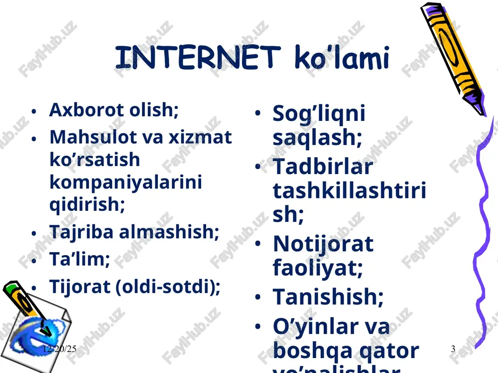 tekislash: align=left,right,center vertikal tekislash: valign=top, middle, bottom * * jadvallar yaratish * * freymlar freymlar yordamida ekran bir nechta nomlangan ramkalarga bo’linadi va har bir freymga boshqa-boshqa veb sahifalarni bir paytda yuklash mumkin. … … * * * * freymlar hosil qilish * * giperbog’lanishlar giperbog’lanish bu - gipermatnli hujjatdan boshqa bir hujjatga o’tish uchun yo’l ko’rsatib turadigan ko’rsatkichdir. kirish nuqtasi (qayerdan o’tiladi); o’tish nuqtasi (qayerga o’tiladi); anchore (internet dengizidagi langar) * * shu faylning biror aniq joyiga bog’lanish misol fayl kitob(zakladka) * * boshqa faylga giperbog’lanish boshqa faylning boshiga o’tish fayl1 fayl2 * * boshqa faylning biror aniq joyiga bog’lanish (fayl1.htm da yoziladi) (fayl2.htm da yoziladi) fayl1 fayl2 kitob(zakladka) * * boshqa oyna orqali bog’lanish yoki misol freym2 freym1 fayl2 fayl1 rasmdan gipermurojaat misol rasm qismidan gipermurojaat ... misol * * namo web editor 5.5 * * namo web editor (html-kod) * * freymlarga bo’lish * * clip art …