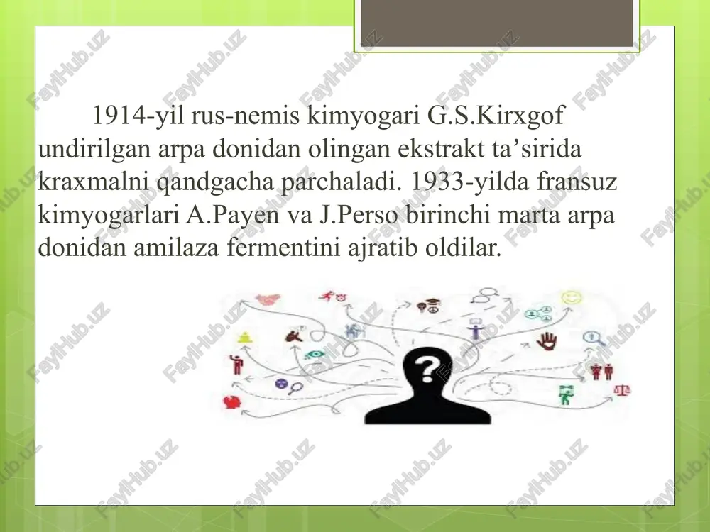 asosiy hazm qiluvchi bez - oshqozonosti bezidir. u dnk va rnk ni parchalaydigan,ko'pgina fermentlar, hamda nukleazalarni va erkin aminokislotalarni hosil qilishda ishtirok etadigan,peptidazlarni ajratib chiqaradi.hosil bo'ladigan fermentlarning oz miqdori ham,katta oziq hajmiga «ishlov» bera oladi. ozuqaviy moddalarning fermentativ parchalanishi natijasida,hayot faoliyati va moddalar almashinuvi jarayonlariga sarflanadigan quvvat ajralib chiqadi. fermentlarning ishtirokisiz,bu jarayonlar juda sekin o'tardi va organizmni yetarli quvvat bilan ta'minlay olmasdi. bundan tashqari,fermentlarning hazm qilish jarayonidagi ishtiroki,molekulalarni ichak devorlarining hujayralaridan o'tib,qonga singib ketishiga imkon beruvchi darajagacha parchalanishini ta'minlaydi. image2.png image3.png image4.jpeg image5.jpeg image6.jpeg image7.png image8.png image9.png image10.png image11.png image12.png image13.jpeg image14.png image15.png image16.png image17.png image18.png image19.png image20.png image21.png image22.png image23.jpeg image24.png rn fis oo co2 4h20 evneprua masnnn bernexuaparu mporeunn dpyru “agehoane tpnocharer unn ato e ochobhmat hocuten ha eheprua 8 knetkute, boaho-mequmpahata peakuna, u3ectha kato xupponiaa, ocbo6oxqaba ehepria ot xhmmyeckhte bphakh b ato 3a nopxpaveane ha knetuhute npoyecu. asi ‘molekulasining renaturaisiyasi ogsi molekulasining denaturalsivagacha, bolgan natal ~s ast …