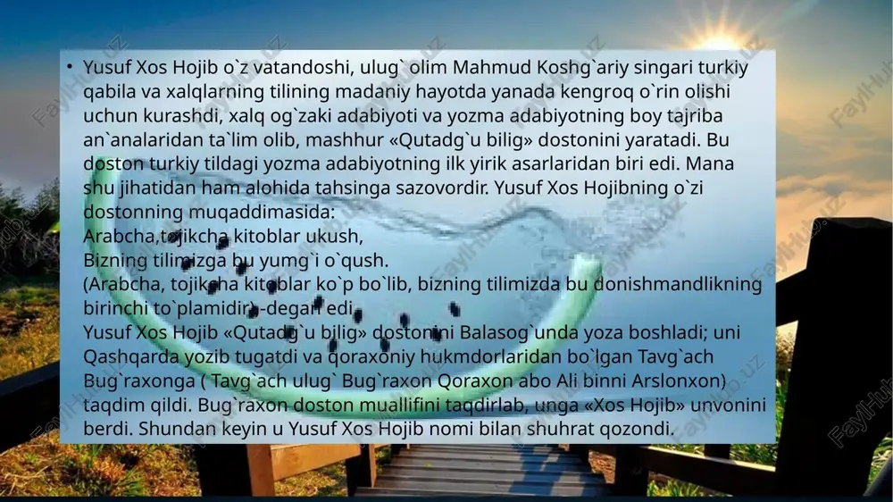 », «mamlakatning tartib usuli», «amirlar ziynati», «hukmdorlar nasihatnomasi»)... bu nomlarning barchasi ham kitobning davlat idora ishlariga va axloq-odob masalalariga doir ekanini ko`rsatadi. kuntug'di, oyto'ldi, o'gdulmish, o'zg'urmishdir. ularning har biri ramziy tarzda adolat, davlat, aql va ofiyat (qanoat)ni ifodalaydi. ayni paytda asarda ular muayyan lavozim egasi sifatida ko'rinadi.kuntug'di — elik (hukmdor) — adolat, oyto’ldi — vazir - davlat, o'gdulmish - vazirning o'gli (keyinchalik vazir) aql, o'zg'urmish — zohid — ofiyat (qanoat). asar qahramonlarning o'zaro suhbati asosida qurilgan. dastlab kuntug'di va oyto’ldi asar sahnasiga chiqadi. kuntug'di — adolatli hukmdor. u mamlakatni odillik bilan boshqaradi, ovozasi olamga ketadi. hatto oyto’ldi ham buni eshitib, uning xizmatiga keladi. yusuf xos hojib tasvirida kuntug'di «qilmishlari to'g'ri, fe’l-u raftori rost, tili chin, yetuk, ko'zi va ko'ngli boy, bilimli, zakovatli, hushyor, yomonlarga misli bir olov edi». kuntug'diga adolat ramzining berilishi tasodifiy emas. adib bu bilan davlat tepasida adolat, ya'ni adolatli hukmdor va adolatli qonun-qoidalar turishi kerak, degan aqidani …