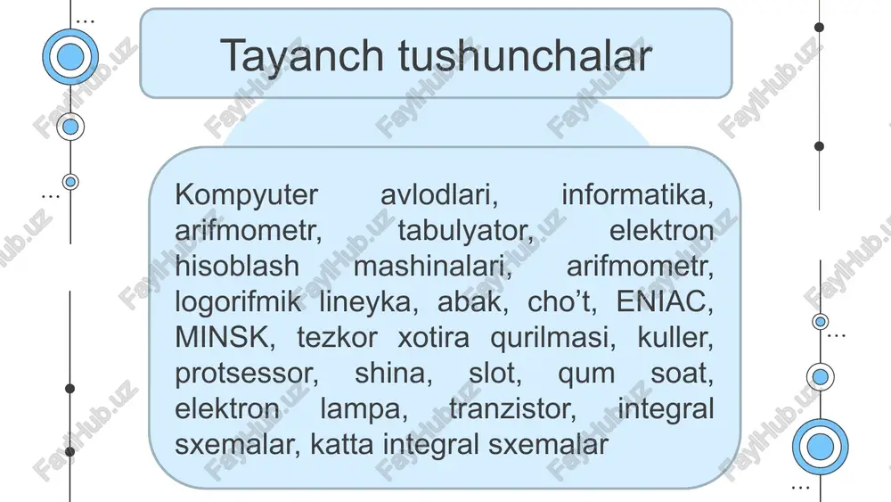 shni boshladi. pochta aloqasini tashkil etish axborotlarni yozuv ko‘rinishida uzatish vositasi sifatida foydalanish imkonini berdi. yozuvning paydo bo‘lishi fanlar rivojlanishining boshlanishi uchun zaruriy shart edi. “natural son” tushunchasining, keyin u yoki bu sanoq sistemasining paydo bo‘lishi ham xuddi shu bosqich bilan bog‘liq. uchinchi bosqich - tipografiya. bu birinchi axborot texnologiyasi. axborotni qayta ishlab chiqarish oqimga, sanoat asosiga o‘tkazildi. ushbu bosqich ma’lumotni saqlash imkoniyatini oshirishga imkon berdi, uni takrorlashning mavjudligi va aniqligini oshirdi. to‘rtinchi bosqich aniq fanlarning (matematika, fizika) rivojlanishi va o‘sha davrda boshlangan ilmiy-texnikaviy inqilob bilan bog‘liq. bu radio, telefon va telegraf kabi kuchli aloqa vositalarining paydo bo‘lishi bilan tavsiflanadi, ularga bosqich oxirida televizor, fotografiya, kino, magnit tashuvchilarga (magnit lentalar, disklar) ma’lumotlarni yozib olish usullari qo‘shildi. “informatika” atamasi xx-asrning o‘rtalarida fransiyada paydo boʻlgan. “informatika” atamasi fransuzcha informatique va avtomatique so‘zlarining birlashishi orqali hosil bo‘lgan bo‘lib, “axborotni avtomatlashtirilgan qayta ishlash” degan ma’noni bildiradi. ingliz tilida so‘zlashuvchi mamlakatlarda “informatika” atama kompyuter texnologiyalari …