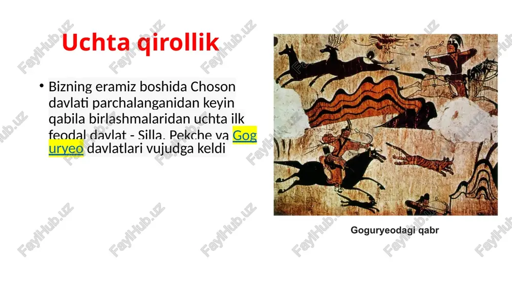 ri oxirgi uch qirollik davrida (892–936) koreya yarim orolida uchta davlat mavjud edi: silla, pekche (baekje) va goguryeo (904-yilda bu nom majinga va 911-yilda taebongga o'zgartirilgan) koryo koryo 918-yilda paydo boʻlgan, 935-yilda silla davlati yerlarini bosib olgan va 1392-yil choson sulolasi tiklanguniga qadar mavjud boʻlgan. "goryeo" nomi 668- yilda silla tomonidan birlashtirilgan koreyaning uchta ilk feodal davlatlaridan biri bo'lgan goguryeoning qisqartmasi. zamonaviy "korea" so'zi "koryo" dan kelib chiqgan. 1234-yilda dunyodagi birinchi metall bosma matritsasi koryoda yaratilgan. koryo davri koreyada “buddizmning oltin davri” hisoblanadi . xi asrda birgina poytaxtning o'zida 70 ga yaqin buddist ibodatxonalari boʻlgan. yaqin sharqdan kelgan savdogarlar bilan savdo sotiq ham rivojlangan. 993-yildan boshlab, koryo liao sulolasining ko'plab bosqinlariga duch keldi. 1019-yildagi harbiy g'alabadan keyin koryoda tinchlik va farovonlik asri boshlandi va koryo o'zining oltin davriga kirdi. bu davrda sharqiy osiyoda koryo, liao va song davlatlari oʻrtasidagi kuchlar muvozanati saqlanib qolingan. image1.png image2.png image3.png anonua /docprops/thumbnail.jpeg 4-mavzu: v-xv …