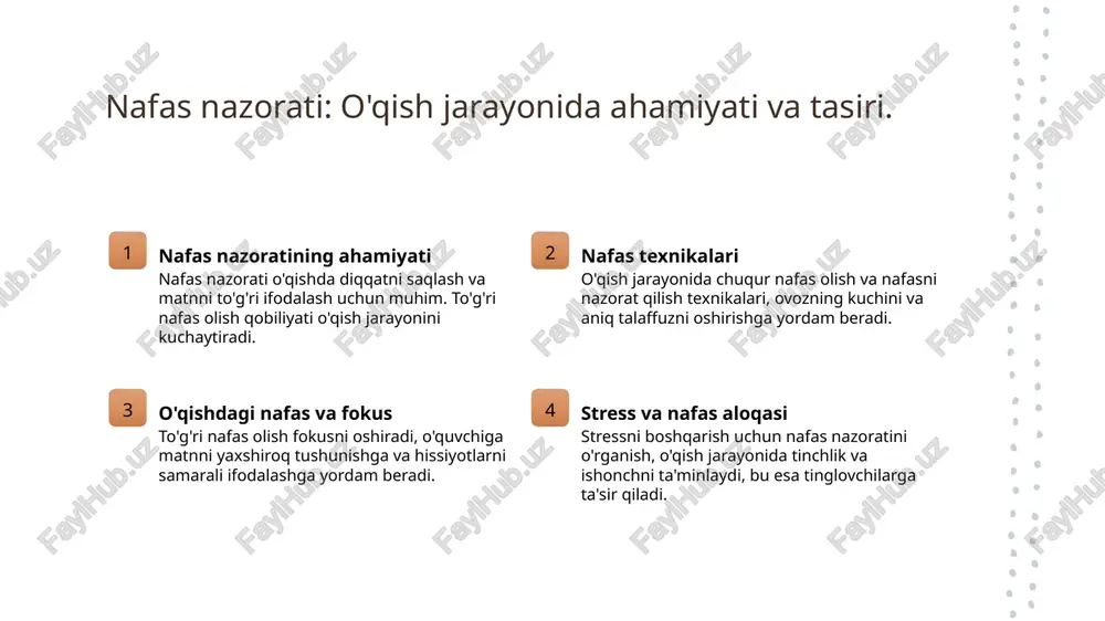 h jarayonida hissiyotlarni ifodalashga yordam beradi, bu esa tinglovchilarni yanada ko'proq jalb etadi. amaliy misollar o'qish jarayonida nafas olish texnikalarini qo'llash, tinglovchilarni qiziqtirish va ularning e'tiborini saqlash uchun samarali strategiyalardan biridir. ovozni modulyatsiya qilish: ta'sirchan o'qish uchun kalit. ovozni modulyatsiya qilish ta'sirchan o'qishning ajralmas qismi hisoblanadi. bu, o'quvchining ovozini turli balandlik va kuchda ishlatishni, shuningdek, hissiyotlarni ifodalash uchun urg'u va ritmni o'zgartirishni o'z ichiga oladi. ovoz modulatsiyasi nafaqat matnni jonlantiradi, balki tinglovchilarni ham jalb qiladi. • ovoz balandligini o'zgartirish • hissiy urg'u berish • ritmni muvozanatlash. photo by abstral official on unsplash urgʻu va pauzalar: o'qish ritmini qanday oshirish mumkin. 1 urgʻu va pauzalar urgʻu va pauzalar o'qish jarayonida muhim rol o'ynaydi, tinglovchilarning diqqatini jalb qilish va matnni yanada tushunarli qilishda yordam beradi. 2 o'qish ritmini boshqarish o'qish ritmini boshqarish, urg'u va pauzalar orqali matnning ahamiyatini ta'kidlaydi. bu usullar matnni izchil va qiziqarli qilishga yordam beradi. 3 tinglovchi hissiyotlari pauzalar …