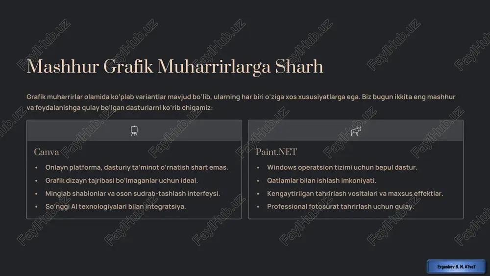 idan foydalanib, qisqa vaqt ichida professional poster yaratish mumkin. • shablonni tanlash: canva’da "poster" kategoriyasidan o‘zingizga yoqqan shablonni tanlang. misol uchun, "musiqa festivali" posteri. • rasm va matn qo‘shish: festival nomini, sana va joyni o‘zgartiring. mavzuga mos rasmlarni yuklang yoki canva kutubxonasidan foydalaning. • rang va shriftlarni moslashtirish: posterning umumiy uslubiga mos keladigan ranglar sxemasini tanlang va shriftlarni tahrirlang. • hamkorlik va sharhlar: poster loyihasini jamoa a’zolari bilan ulashing, ular real vaqtda o‘zgartirishlar kiritishi yoki sharhlar qoldirishi mumkin. • yuklab olish va ulashish: tayyor dizaynni yuqori sifatli pdf, jpg yoki png formatida yuklab oling. yoki to‘g‘ridan-to‘g‘ri ijtimoiy tarmoqlarda ulashing. https://gamma.app/?utm_source=made-with-gamma muhim nuqtalar grafik ishida e’tibor berish kerak bo‘lganlar dizayn yaratishda ba’zi muhim jihatlarga e’tibor qaratish, yakuniy mahsulotning professional va samarali bo‘lishini ta’minlaydi. rasm o‘lchami va formatlari dizayndan maqsadga mos o‘lcham va formatni tanlang (masalan, veb-sayt uchun jpeg, shaffof fon uchun png, vektor grafikasi uchun svg). rang uyg‘unligi va kontrast ranglar …