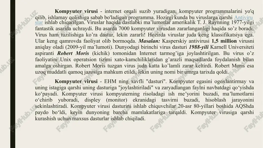 bo‘lgan com-fayllar yaratadi. «chuvalchang» viruslar – tarmoq bo‘yicha tarqaladi, tarmoq manzillarini hisoblagan holda o‘z nusxalarini jo‘natadi. «parazit» – disk sektorlari yoki fayllar tarkibini o‘zgartiradi. «talaba» – ko‘plab xatoliklarga ega bo‘lgan viruslar. «stels» (ko‘rinmas) viruslar –zararlangan fayl yoki sektorlarga dos murojaatini tutib oladi va o’zining o’rniga zararlanmagan qismlarni qo’yadi. «sharpa» viruslar – hech qanday doimiy kodga ega emas, topish qiyin, virusning asosiy tanasi shifrlangan. makroviruslar – mashina kodlarida emas, word basic tilida yoziladi, word hujjatlarida yashaydi, o‘zini “normal.dot”ga yozadi). kompyuterga viruslar kirishining asosiy yo‘li egiluvchan va lazerli disklar va kompyuter tarmoqlari hisoblanadi. virusga ega bo‘lgan dasturni diskdan yuklash orqali qattiq diskni virus bilan zararlash mumkin. bunday zararlanish tasodifiy bo‘lishi mumkin. bunda disk tizimli bo‘lishi shart emas. uni zararlangan kompyuter disk yurituvchisiga qo‘yish bilan virus tushushi mumkin. kompyuter virus bilan zararlanganda uni aniqlash muhim. buning uchun virus mavjudligining asosiy belgilarini bilish zarur. ularga quyidagilarni kiritish mumkin: ishning to‘xtashi yoki normal ishlab turgan …