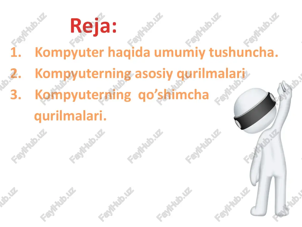 r soni (2 va 3 ) va ishlash holatlari (trekbol va sensorli panel) bo’yicha farqlanadi. sichqoncha qo`shimcha qurilmalar modem (modulyator-de modulyator) — aniq bir aloqa kanalida ishlatish uchun qabul qilingan signallarni to’g’ri (modu­lyator) va teskari (demodulyator) o’zgartirish qurilmasidir. zamonaviy modemlarda ko’pincha modulyatsiyaning uchta turi ishlatiladi: • chastotali — fsk (frequence shift keying ); • fazali - psk (phake shift keying); • kvadraturali amplitudali - qam (quadrature ampliude modulation). modem qo`shimcha qurilmalar kalonka-tovushli ma’lumotlarni chiqarish qurilmalari, aktiv kalonkalar dinamiklar soni (1 yoki 2) bo’yicha har xil bo’ladi. kolonka skaner skaner-tasvir va matn ma’lumotlarni kompyuterga kiritish qismi. skanerlar rangla va rangsiz bo’ladi. qo`shimcha qurilmalar qo`shimcha qurilmalar printerlar-ma’lumotlarni bosmaga chiqarish qurilmasi. printerlarni lazerni, matritsali,bosmaturlari bor . matritsali printer pechatlash qurilmasiga o’xshaydi. sepuvchi printerlarda qog’oz ustidan bo’yoq joylashgan qurilmalar harakatlanadi va kerakli joyga bo’yoq bilan nuqta qoldiradi. lazer printerlarni pechatlashi kserokslar ishlashiga o’xshash holda bo’ladi. qog’oz magnitlangan qurilma ustidan o’tib kerakli joylarni magnitlaydi, keyin …