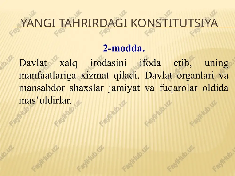 asi konstitutsiyasi mamlakatning butun hududida oliy yuridik kuchga ega, to‘g‘ridan-to‘g‘ri amal qiladi va yagona huquqiy makonning asosini tashkil etadi. o‘zbekiston respublikasining xalqaro shartnomalari xalqaro huquqning umume’tirof etilgan prinsip va normalari bilan bir qatorda o‘zbekiston respublikasi huquqiy tizimining tarkibiy qismidir. agar o‘zbekiston respublikasining xalqaro shartnomasida o‘zbekiston respublikasining qonunida nazarda tutilganidan boshqacha qoidalar belgilangan bo‘lsa, o‘zbekiston respublikasining xalqaro shartnomasi qoidalari qo‘llaniladi. davlat va uning organlari, boshqa tashkilotlar, mansabdor shaxslar, fuqarolik jamiyati institutlari hamda fuqarolar konstitutsiya va qonunlarga muvofiq ish yuritadilar. yangi tahrirdagi konstitutsiya 16-modda. ushbu konstitutsiyaning birorta qoidasi o‘zbekiston respublikasining huquq va manfaatlariga, ushbu konstitutsiyaning birinchi bo‘limida nazarda tutilgan asosiy prinsip va normalarga zarar yetkazadigan tarzda talqin etilishi mumkin emas. o‘zbekiston respublikasining qonunlari va boshqa normativ-huquqiy hujjatlari o‘zbekiston respublikasining konstitutsiyasi asosida va uni ijro etish yuzasidan qabul qilinadi. birorta qonun yoki boshqa normativ-huquqiy hujjat konstitutsiyaning prinsip va normalariga zid bo‘lishi mumkin emas. yangi tahrirdagi konstitutsiya, iv bob. tashqi siyosat 17-modda. o‘zbekiston respublikasi …