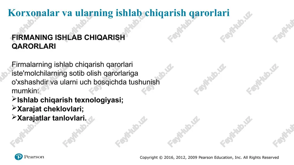 lot ishlab chiqarishi mumkin. masalan, elektronika ishlab chiqaradigan firma katta miqdordagi ish kuchi (masalan, televizorlarni qo'l bilan yig'adigan ishchilar) va juda kam kapitaldan foydalangan holda yoki juda avtomatlashtirilgan kapitalni talab qiladigan zavodni qurgan va juda kam ishchi kuchidan foydalangan holda oyiga 10000 televizor ishlab chiqarishi mumkin. 2. narxlarni cheklash: firmalar ishchi kuchi, kapital va boshqa manbalar narxlarini hisobga olishlari kerak. iste'molchi cheklangan byudjet bilan cheklangani kabi, firma ham uning ishlab chiqarish tannarxi haqida qayg'uradi. masalan, oyiga 10000 televizor ishlab chiqaradigan firma buni qisman foydalanadigan materiallar narxlari bilan belgilanadigan umumiy ishlab chiqarish narxini minimallashtirish usulida qilishni xohlaydi. 3. kiritish tanlovi: uning ishlab chiqarish texnologiyasi va ishchi kuchi, kapital va boshqa manbalar narxlarini hisobga olgan holda, firma o'z mahsulotini ishlab chiqarishda har bir kiritilgan mablag'ning qancha qismini ishlatishini tanlashi kerak. iste'molchi har bir tovarning qanchasini sotib olish to'g'risida qaror qabul qilishda har xil tovarlarning narxlarini hisobga olgani kabi, firma ham har bir …