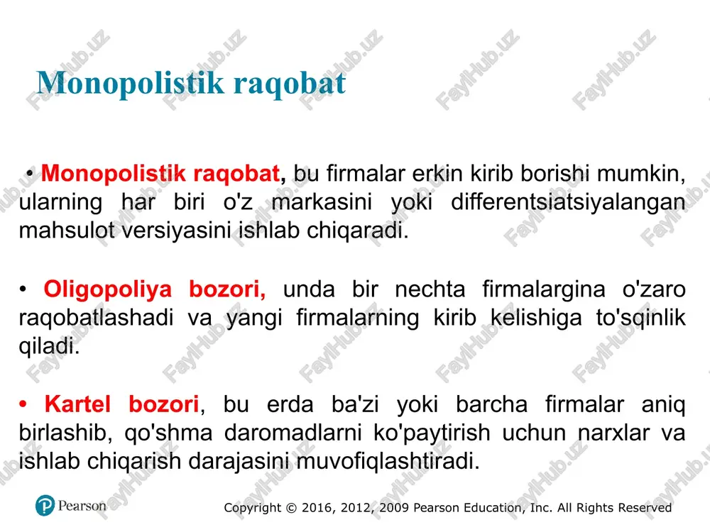 haharchadagi bittagina baqqollik do'koni (oziq- ovqat d o 'koni) yoki yirik shaharlardagi mahalliy joylarda telefon aloqasi xizm atlarini bajaruvchilar, elektr bilan ta ’m inlovchilar va hokazolar o 'z m ahsulotlarini kamroq sotsalar yoki xizmat ishlarini hajmida bajarsalar bozor bahosini ko'tarilishiga va monopol hokimlikka erishadilar. sotuvchi mahsulotini ishlab chiqarish hajmini kamaytirib borish, cheklab turish yo‘li bilan bahosini oshirishga erisha olsa, u monopol hokimlikka (yoki bozor ustidan hokimlik qilish) darajasiga chiqadi. demak, monopolist bozorni o ‘z qo'lida ushlab turadi, sotish uchun mo‘ljallangan mahsulot ishlab chiqarish hajmini nazorat qiladi.bu fikr «monopolistning maqsadi yuqori baho belgilashi mumkin» degani emas.agar monopolist shunday qilganda edi, uning mahsuloti sotilmay, olgan foydasi kamayib ketgan bo'lar edi. shuning uchun monopolist bozor qonunlariga rioya qilib ish yuritadi.monopolist foydani maksimal darajaga chiqarmoqchi bo'lsa, bozor talab in i va o 'z x arajatlarini aniqlab ish k o 'rish i lozim . iqtisodiy qarorlar qabul qilishda talabni va xarajatlami baholash, hisoblash hal qiluvchi …