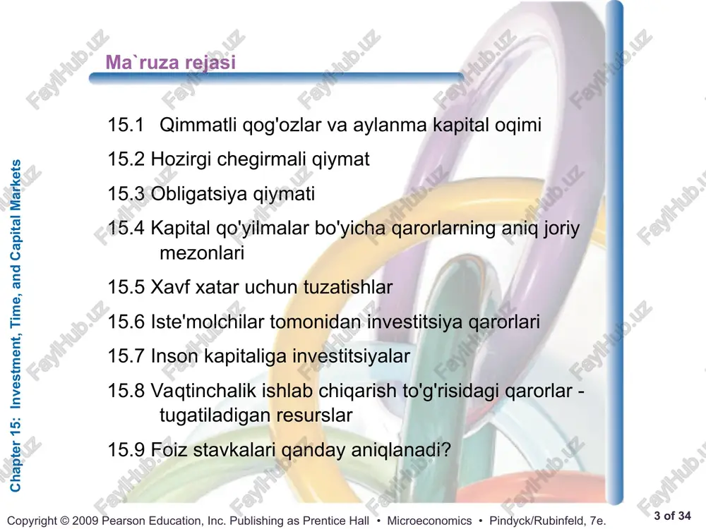 muddatga qo`shimcha qiymat orqali qaytarilishi sharti bilan berilishi mumkin va ushbu qo`shimcha qiymat kapitalga olinga foiz deyiladi. ssuda foizi – kapital egasiga uning kapitalida ma`lum muddat oralig`ida foydalanganligi uchun tol`nadigan narxdir. chapter 15: investment, time, and capital markets * of 34 copyright © 2009 pearson education, inc. publishing as prentice hall • microeconomics • pindyck/rubinfeld, 7e. investitsiya va kapital bozorlari bugungi sarflangan bir so`m bir yildan keyin sarflanadigan bir so`mga teng emas. bularni bir-biriga tenglashtirissh uchuun, avval ularni bir vaqtga keltirish zarur bo`ladi. turli xil yillardagi xarajtlarni yoki daromadlarni bir yilga keltirishda diskont ko`paytirishdan foydalaniladi. xarajt va daromadlarni bir xil boshlang`ich vaqtga keltirish hisob-kitoblariga diskontlash deyiladi. bunday huisob-kitoblar investitsiya loyihalarini baaholashda keng qol`llaniialadi. ©2005 pearson education, inc. chapter 15 * qimmatli qog'ozlar aylanma kapital oqimi aksiya-stock kapital - bu aktsiyalar birligi. bir vaqtning o'zida kompaniya egalik qiladigan zavod va uskunalar miqdori. aylanman kapital - oqim o'zgaruvchi va ishlab chiqarish resurslar …
