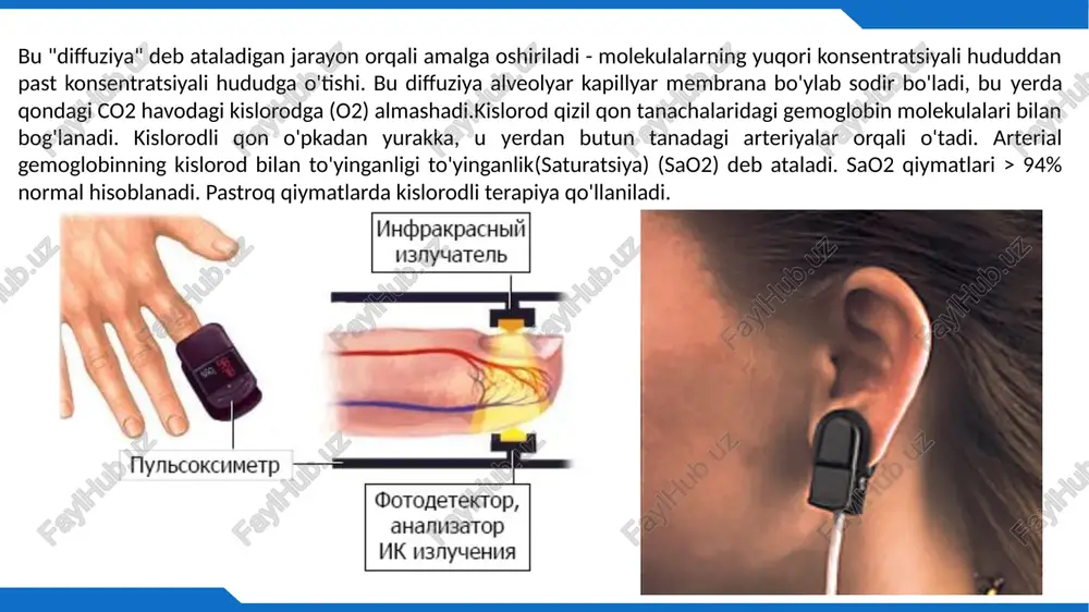 dan yuqori bo'lishi kerak. pastroq ko'rsatkichlar turli kasalliklarga xosdir va bu ko'rsatkich qanchalik past bo'lsa, bemorning ahvoli shunchalik og'irroq bo'ladi. pulseoksimetriya natijalariga nima ta'sir qilishi mumkin?: yaqindagi jismoniy faoliyat; o'lchovlar paytida qo'l harakati; tirnoq bo'yog'i(lak). pulseoksimetr qayerda ishlatiladi? yangi dori samaradorligini baholash (masalan, astma ingalyatorlari); bemorni o`pkasini sun`iy nafas olish apparatiga (ivl) yotqizish kerakligini aniqlash uchun; operatsiya paytida yoki undan keyin umumiy behushlik ostida kislorodni nazorat qilish; kislorod terapiyasining samaradorligini tekshirish; insonning jismoniy faollik darajasini baholash; haroratsiz pnevmoniya paytida o'pkaning yashirin shikastlanishini aniqlash; uyqu paytida, masalan, uyqu apnesi bo'lgan bemorlarda to'yinganlikni aniqlash. qondagi kislorod miqdorini muntazam o'lchashni talab qiladigan kasalliklar: surunkali obstruktiv o'pka kasalligi; bronxial astma; o`pka raki; pnevmoniya; anemiya; infarkt yoki yurak yetishmovchiligi; tug'ma yurak nuqsonlari. daraja spo2,% (pulsoksimetriya ko`rsatkichi) normal xolat 95% dan ko`p 1 daraja 90-94% 2 daraja 75-89% 3 daraja 75% dan kam gipoksemik koma 60% dan kam to'yinganlikka(saturatsiya) nisbatan kislorod tanqisligi darajasi (spo2) - pulseoksimetr …