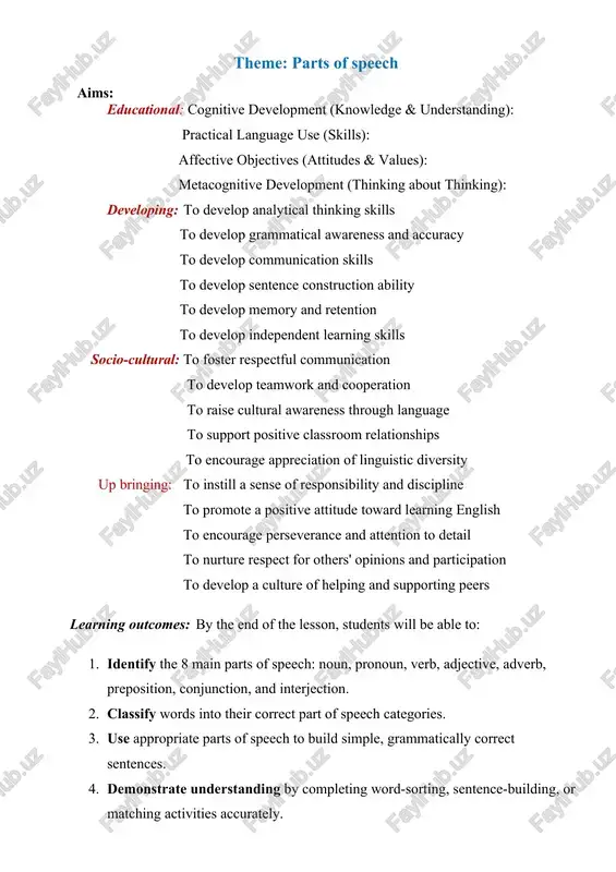 activities and games involving different word types. · markers and board – for writing examples and interactive tasks. · audio (optional) – pronunciation practice or listening activities (if available). · student notebooks and pens – for taking notes and completing tasks. technological map of the lesson: № part of the lesson tasks time 1 organizational moment -to greet students. - to check up the register 5 min 2 explaining new theme - to explain to pupils new vocabulary and theme 20 min 3 consolidating new theme. - to consolidate new theme and new words of the theme. 10 min 4 marking. - to mark pupils 5 min 5 homework. - giving homework. 5 min procedure of the lesson: 🕒 organizational moment: 1. greeting the students · “good morning, class! how are you today?” · encourage brief responses to start using english early. 2. checking attendance · mark the attendance and …