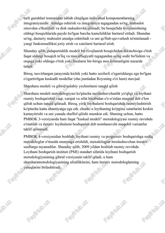 alliklarini, ham iterativ metodologlarning yutuqlarini birlashtiradi. 2) agile agile so'zining ma'nosi tezkor yoki ko'p qirrali." agile jarayon modeli " iterativ ishlab chiqishga asoslangan dasturiy ta'minotni ishlab chiqish yondashuviga ishora qiladi. agile usullar vazifalarni kichikroq iteratsiyalarga ajratadi yoki uning qismlari bevosita uzoq muddatli rejalashtirishni o'z ichiga olmaydi. loyihaning hajmi va talablari ishlab chiqish jarayonining boshida belgilanadi. takrorlashlar soni, har bir iteratsiyaning davomiyligi va ko'lami bo'yicha rejalar oldindan aniq belgilangan. har bir iteratsiya agile jarayon modelida odatda bir haftadan to‘rt haftagacha davom etadigan qisqa muddatli “ramka” sifatida qaraladi. butun loyihani kichikroq qismlarga bo'lish loyiha xavfini minimallashtirishga yordam beradi va loyihani etkazib berish uchun umumiy vaqt talablarini kamaytiradi. har bir iteratsiya dasturiy ta'minotni ishlab chiqishning to'liq hayotiy tsikli bo'ylab ishlaydigan jamoani o'z ichiga oladi, shu jumladan rejalashtirish, talablarni tahlil qilish, loyihalash, kodlash va mijozga ishlaydigan mahsulotni namoyish qilishdan oldin sinovdan o'tkazish. agile modelning bosqichlari: agile modelida quyidagi bosqichlar mavjud: 1. talablarni yig'ish 2. …