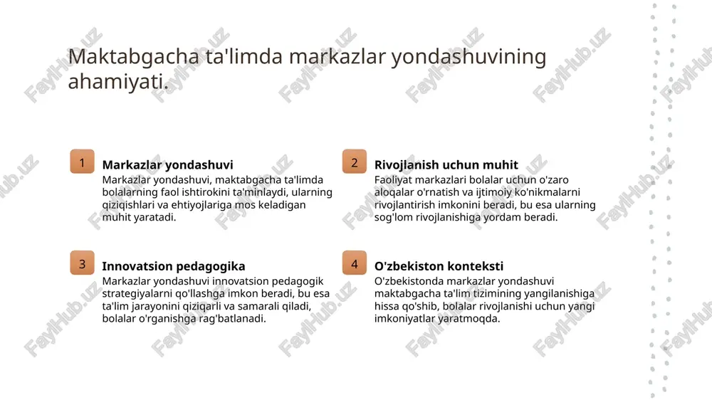 arga hamkorlikda ishlash va birgalikda o'rganish imkoniyatini taqdim etadi. 2 ijtimoiy-emotsional rivojlanish markazlar, bolalar o'rtasida ijtimoiy-emotsional ko'nikmalarni oshiradi. bu, ularga hissiyotlarini ifoda etish va boshqalarni tushunish imkonini beradi. 3 hamkorlik jarayoni faoliyat markazlari orqali bolalar hamkorlik qilishni o'rganadilar. o'yinlar va qiziqarli vazifalar orqali, ular jamoaviy ishning ahamiyatini tushunadilar. maktabgacha ta'limda pedagogik strategiyalar: yondashuvlar va natijalar. 1 markazlar yondashuvi maktabgacha ta'limda markazlar yondashuvi bolalar o'quv faoliyatini markazlashtirish orqali qobiliyatlarini rivojlantirishga yordam beradi. 2 innovatsion strategiyalar pedagogik innovatsion strategiyalar, masalan, o'yin orqali o'rganish va loyihalash yondashuvlari, bolalarning ijodiy fikrlashini kuchaytiradi. 3 natijalar va foyda markazlar yondashuvi natijasida bolalar ijtimoiy ko'nikmalarni rivojlantiradi, o'z-o'zini boshqarish qobiliyatini o'zlashtiradi va o'zaro hamkorlikni o'rganadi. 4 o'zbekiston konteksti o'zbekiston maktabgacha ta'lim tizimida markazlar yondashuvi bolalar rivojlanishini qo'llab-quvvatlovchi muhim pedagogik vosita sifatida tan olinmoqda. faoliyat markazlarida innovatsion ta'lim metodlari: misollar va amaliyot. innovatsion metodlar faoliyat markazlarida innovatsion ta'lim metodlari muhim ahamiyatga ega. ular bolalar uchun interaktiv va qiziqarli o'quv …