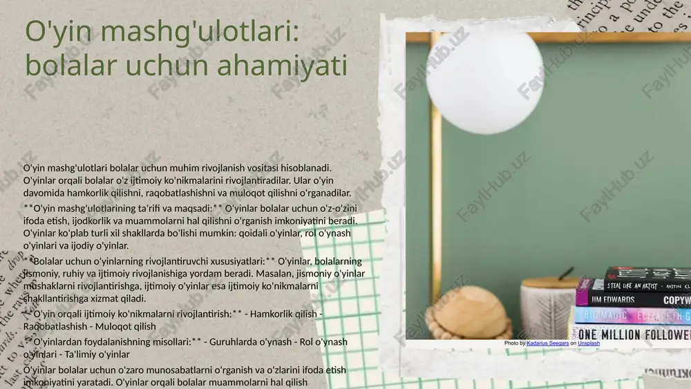 imoiy, emosional va kognitiv ko'nikmalarini rivojlantirishga ham yordam beradi. mashg'ulotlar orqali bolalar jamiyatda o'z o'rnini topishni o'rganadilar, do'stlar bilan muloqot qilish ko'nikmalarini egallaydilar va o'z fikrlarini ifoda etish imkoniyatiga ega bo'ladilar. ta'lim jarayonida faol ishtirok etish, bolalarga o'zlarining qobiliyatlarini ochishga yordam beradi va o'z-o'zini anglashlarini rivojlantiradi. ota-onalar va o'qituvchilar nazarida, mashg'ulotlar bolalarning maktabga tayyorlanishida muhim ahamiyatga ega, chunki ular bolalarning o'ziga bo'lgan ishonchini oshiradi va o'qishga bo'lgan qiziqishini kuchaytiradi. photo by kadarius seegars on unsplash mashg'ulotlarning bolalarni rivojlantirishdagi o'rni ijtimoiy ko'nikmalarni rivojlantirish mashg'ulotlar bolalarga ijtimoiy ko'nikmalarni rivojlantirishga yordam beradi, bu esa ularning boshqa bolalar bilan aloqalarini yaxshilaydi. emosional ko'nikmalar bolalarda emosional ko'nikmalarni rivojlantirish, o'z his-tuyg'ularini anglash va boshqalar bilan empatiya o'rnatishda muhimdir. kognitiv ko'nikmalar mashg'ulotlar bolalarning kognitiv ko'nikmalarini, masalan, muammolarni hal qilish va mantiqiy fikrlashni rivojlantiradi. o'qituvchilar va ota-onalar tomonidan qo'llab-quvvatlash o'qituvchilar va ota-onalar bolalarga mashg'ulotlarda faol qatnashishlarini qo'llab-quvvatlashi kerak, bu esa ularning rivojlanishiga yordam beradi. misollar mashg'ulotlarda rol o'ynash, …