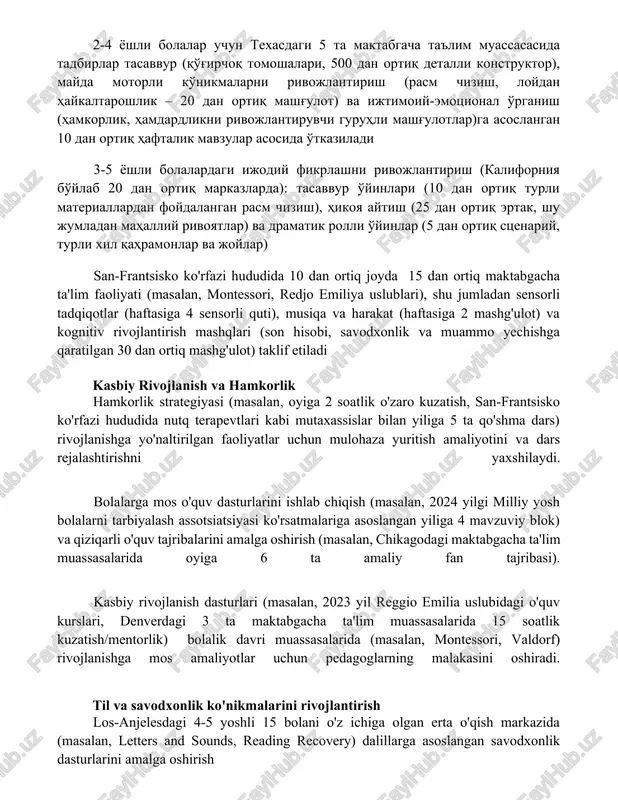 alan, har bir guruhda 2-3 o'qituvchi) rivojlanish markazlarida (masalan, head start, montessori) tuzilgan ijtimoiy-emotsional o'rganish dasturlarini (masalan, regulyatsiya zonalari, ikkinchi qadam) turli o'quv usullari (masalan, davra suhbatlari – 15 minut, individual tekshiruvlar – 5 minut) yordamida amalga oshirib, turli xil muhitlarda (masalan, ko'p madaniyatli sinf xonalarida) aniq ijtimoiy-emotsional ko'nikmalarga (masalan, o'z-o'zini anglash, o'zini o'zi boshqarish, ijtimoiy onglilik, munosabatlar ko'nikmalari, mas'uliyatli qaror qabul qilish) e'tibor qaratadi ijod va tasavvurni rivojlantirish 2-4 yoshli bolalar uchun texasdagi 5 ta maktabgacha ta'lim muassasasida tadbirlar tasavvur (qo'g'irchoq tomoshalari, 500 dan ortiq detalli konstruktor), mayda motorli ko'nikmalarni rivojlantirish (rasm chizish, loydan haykaltaroshlik – 20 dan ortiq mashg'ulot) va ijtimoiy-emotsional o'rganish (hamkorlik, hamdardlikni rivojlantiruvchi guruhli mashg'ulotlar)ga asoslangan 10 dan ortiq haftalik mavzular asosida o'tkaziladi 3-5 yoshli bolalardagi ijodiy fikrlashni rivojlantirish (kaliforniya bo'ylab 20 dan ortiq markazlarda): tasavvur o'yinlari (10 dan ortiq turli materiallardan foydalangan rasm chizish), hikoya aytish (25 dan ortiq ertak, shu jumladan mahalliy rivoyatlar) va …