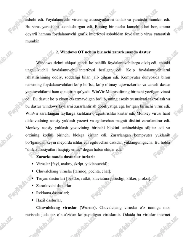 bobi edi. foydalanuvchi virusning xususiyatlarini tanlab va yaratishi mumkin edi. bu virus yaratishni osonlashtirgan edi. buning bir necha kamchiliklari bor, ammo deyarli hamma foydalanuvchi grafik interfeysi asbobidan foydalanib virus yataratish mumkin. 2. windows ot uchun birinchi zararkunanda dastur windows tizimi chiqarilganda ko‘pchilik foydalanuvchilarga qiziq edi, chunki unga kuchli foydalanuvchi interfeysi berilgan edi. ko‘p foydalanuvchilarni ishlatilishining oddiy, soddaligi bilan jalb qilgan edi. kompyuter dunyosida biron narsaning foydalanuvchilari ko‘p bo‘lsa, ko‘p o‘tmay tajovuzkorlar va zararli dastur yaratuvchilarni ham qiziqtirib qo‘yadi. winvir microsoftning birinchi yozilgan virusi edi. bu dastur ko‘p ziyon etkazmaydigan bo‘lib, uning asosiy xususiyati takrorlash va bu dastur windows fayllarni zararlantirish qobiliyatiga ega bo‘lgan birinchi virus edi. winvir zararlangan fayllarga kichkina o‘zgartirishlar kiritar edi. monkey virusi hard diskovodning asosiy yuklash yozuvi va egiluvchan magnit diskini zararlantirar edi. monkey asosiy yuklash yozuvining birinchi blokini uchinchisiga siljitar edi va o‘zining kodini birinchi blokga kiritar edi. zararlangan kompyuter yuklanib bo‘lganidan keyin meyorda ishlar edi …