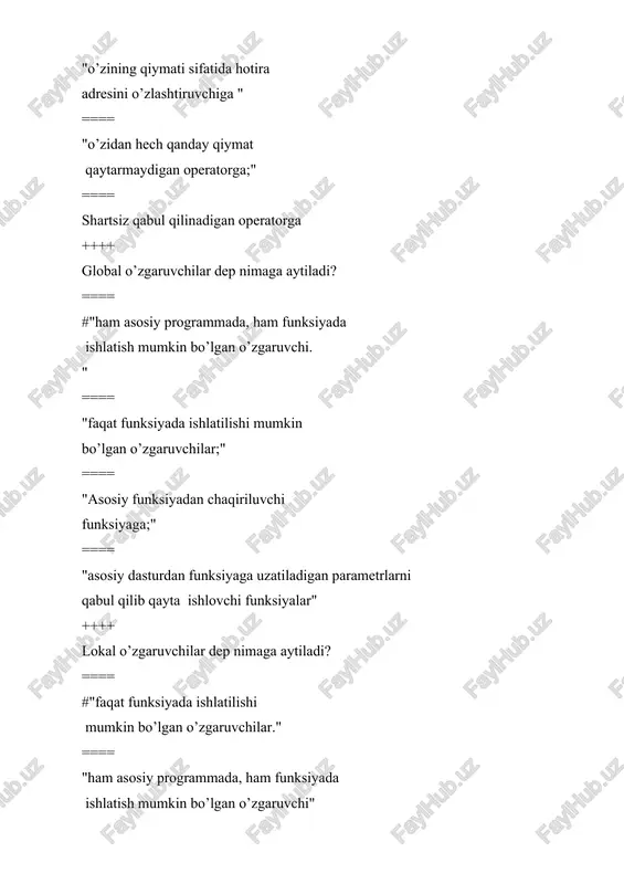 ni aniqlash uchun qaysi buyrug’dan foydalanamiz? ==== #strlen(), ==== sizeof(); ==== length(); ==== size(); ++++ "qaysi klassi o’zgaruvchan uzunlikdagi massiv yaratishga yordam beradi? " ==== #vector ==== void ==== enum ==== public ++++ massivni e’lon qilish to’g’ri ko’rsatilgan qatorni toping? ==== #int a[50] : ==== float a=[50]; ==== int a{50}; ==== int a[3]={“1,2,3”}; ++++ "quyidagi massivda nechta element qatnashgan int k[3][4]; " ==== #12 ta ==== 3 ta ==== 4 ta ==== 34 ta ++++ "quyidagi massivni oxirgi elementini toping int a[7]={1,2,3,4,5,6,7}; " ==== # a[6]: ==== a[7]: ==== a[8]: ==== a[9]: ++++ ikki satr va uch ustundan iborat massivni elon qiling ==== #int a[2][3]: ==== int a[3]; int a[2]; ==== int a[3][2]; ==== int a[][]={2,3}; ++++ sinfning public qismida qanday jarayon ifodalandi? ==== #public – sinfning ochiq (oshkor) bo’limi. bu bo’limdagi maydonlar va metodlarga sinfning ichki va bir vaqtning o’zida tashqi maydon va metod sifatida murojaat qilish mumkin. ushbu …