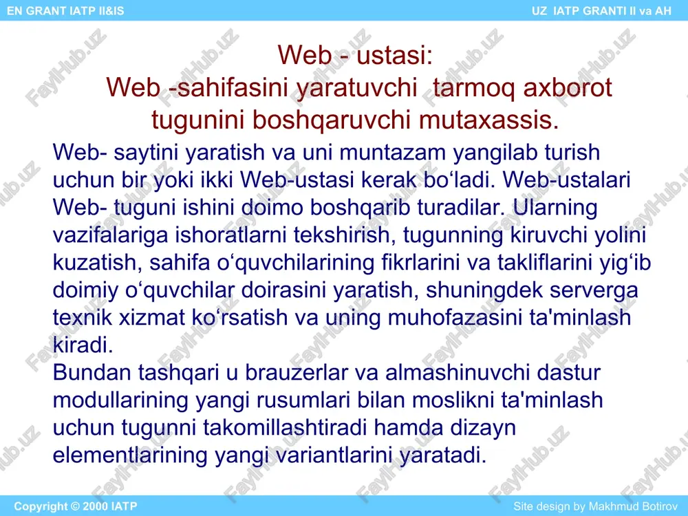 gilab olinadi; qurollar panelidan kerakli tugma (matn o‘lchamini kattalashtirish/matn o‘lchamini kichiklashtirish uvelichit razmer teksta/umenshit razmer teksta)lardan biri tanlab faollashtiriladi. en grant iatp ii&is uz iatp granti ii va ah matnning rangini o‘zgartirish kerakli matn belgilanadi qurollar panelidan matn rangi "tsvet teksta" nomli tugma faollashtiriladi. lozim topilgan ranglardan biri tanlanadi. en grant iatp ii&is uz iatp granti ii va ah jadval chizish qurollar panelidan jadval qo‘yish " vstavit tablitsu " tugmasi faollashtiriladi. kerakli miqdorda ustun va qatorlar tanlanadi. en grant iatp ii&is uz iatp granti ii va ah giper ishoratlarni hosil qilish yoki o‘zgartirish ishorat berilishi kerak bo‘lgan so‘z belgilanadi qurollar panelidan ishorat berish yoki o‘zgartirish " sozdat ili izmenit ssilku " nomli tugma faollashtiriladi. tarmoqdagi web sahifa manzili (url) yoki ma'lum bir hujjat manzili kiritiladi. en grant iatp ii&is uz iatp granti ii va ah web sahifaga ma'lum bir ob'ekt ko‘rinishini (rasmni) qo‘yish qurollar panelidan "vstavit izobrajenie" nomli tugma faollashtiriladi …