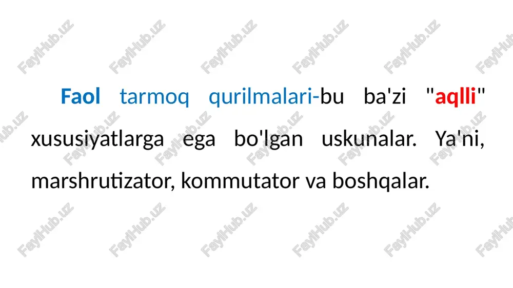 mas adresini o’zining xotirasidagi jadvalda bir qancha muddatga saqlab qoladi. bu esa paketlarni uzatilish tezligi, ishonchliligi va xavfsizligini oshiradi. kommutator bufer xotirasida qabul qilgan signalni saqlab turadi. kommutatorlar boshqariluvchi va boshqarilmaydigan turlarga bo’linadi. boshqariluvchi kommutatorning har bir portini aloxida segmentga biriktirish mumkin. kommutator 48 portga ega bo’lsa, uning juft raqamli portlarini 192.168.x.x ga, toq raqamli portlarini 172.57.x.x ga biriktirish mumkin. yoki bo’lmasa 10 – portni 20 – portga translyastiya qilish mumkin. umuman olganda kommutatorlarning imkoniyatlari doirasi keng. ularni turli soxalarda, turli maqsadlarda qo’llash mumkin. kommutatorlar yordamida wlan hosil qilish mumkin. wlan yordamida katta tarmoqlarni boshqarish yanada osonlashadi. setevoy kommutator na 52 porta (vklyuchaya 4 opticheskix kombo-porta) marshrutizator yoki router – bu ikki va undan ortiq turli xildagi tarmoqni bir-biri bilan bog’lab beruvchi qurilmadir. marshrutizator dastur va qurilma ko’rinishida bo’ladi.eng sodda routerda, kamida 2 ta port mavjud bo’ladi. biri wan port hisoblansa, ikkinchisi lanport hisoblanadi. wan portga turli tehnologiyalarga mansub tarmoq …