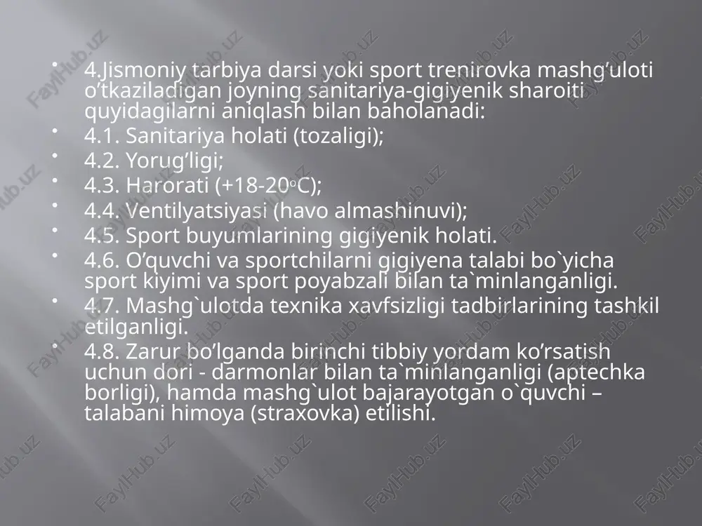 qaysi mashqdan keyin, dam olish vaqti aniqlanadi. 6. mazkur mashg`ulotda bajarilgan, eng qiyin mashqlardan keyin, imkoniyatga qarab 2-3 nafar shug`ullanuvchining kuch-quvvati, nafas olish, yurak-tomir tizimi funksional holatining tiklanish vaqti aniqlanadi va baholanadi. 7. yuqorida bayon qilinganlardan xulosa shuki, tibbiy-pedagogik nazorat natijasida, jismoniy tarbiya darsi yoki sport trenirovkasi mashg`ulotining rejasi, dasturi, o`tkazish usuli shug`ullanuvchilar organizmining sog`lig`i va chiniqqanligiga mos yoki mos emasligi aniqlanadi va baholanadi. shifokor - pedagogik kuzatuvini o`tkazish usullari. shifokor - pedagogik kuzatuvi ikki usulda o’tkaziladi. 1. shifokor - pedagogik kuzatuvining oddiy usuli. bunda mashg`ulot bajarish oldidan va mashg`ulot bajarilgandan keyin quyidagi ko`rsatgichlar aniqlanadi: 1.1. mashg’ulot bajaruvchilarning tashqi ko’rinishini baholash (mashg`ulotdan oldin va keyin); 1.2. bir daqiqada tomir urishi sonini aniqlash (mashg`ulotdan oldin va keyin); 1.3. maksimal va minimal arterial qon bosimini aniqlash (mashg`ulotdan oldin va keyin); 1.4. bir daqiqada nafas olish sonini aniqlash (mashg`ulotdan oldin va keyin); 1.5. o’pkaning tiriklik sig’imini aniqalash (mashg`ulotdan oldin va keyin); 2. shifokor …