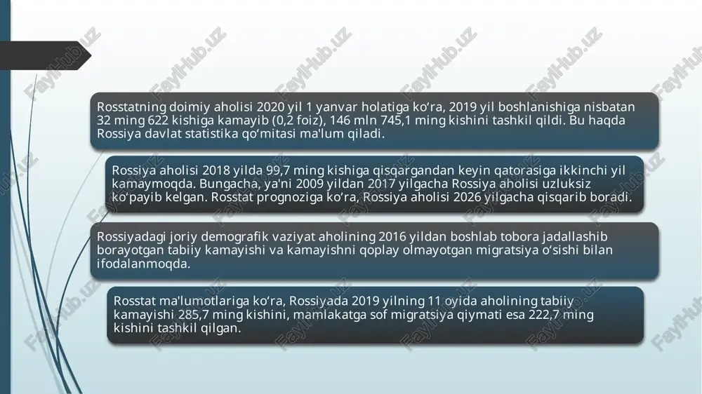 2020-yil aprel oyida 5,8 foizdan keyin, bu 2012 yil martidan beri eng yuqori ko'rsatkich (ishsizlik darajasi 6,3 foizga etganida). 2020-yil mart oyida rossiyada 3.485 million ishsiz edi; aprel va may oylarida ularning soni 1 milliondan oshdi. 2000-yildan beri bandlik holati biroz yaxshilandi. mamlakat sssr qulaganidan keyin asta-sekin tiklanib, ruslarni ish bilan ta'minlashni boshlagan yirik loyihalarni amalga oshirdi. 2000-yilda ishsizlik darajasi 15 foizdan past bo'lgan 20 ga yaqin mintaqalar mavjud edi. 2020-yilgacha ishsizlik darajasi asta-sekin kamaydi, ammo 2020-yilda koronavirus pandemiyasi tuzatishlar kiritdi. bundan tashqari, rasmiylar ishsizlar maqomini olish tartibini sezilarli darajada soddalashtirdilar, shuning uchun 2020-yil oxirida ishsizlik darajasi 5,9% ga yetdi. iqtisodiy rivojlanish vazirligi 2021-yil oxiriga kelib ko'rsatkich 5,2 foizgacha pasayadi, deb hisoblaydi. ishsizlik darajasi 2020-yil 11 2021 yilda bandlik jarayonlari mamlakatning aksariyat mintaqalarini qamrab oldi. 2021 yil boshida rossiyada mehnat bozori o'zgarishda davom etmoqda. strukturaviy o'zgarishlar bilan tavsiflangan ijobiy tendentsiyalar qayd etildi. ammo talab qilinadigan va mavjud mutaxassislar o'rtasida muvozanatning …