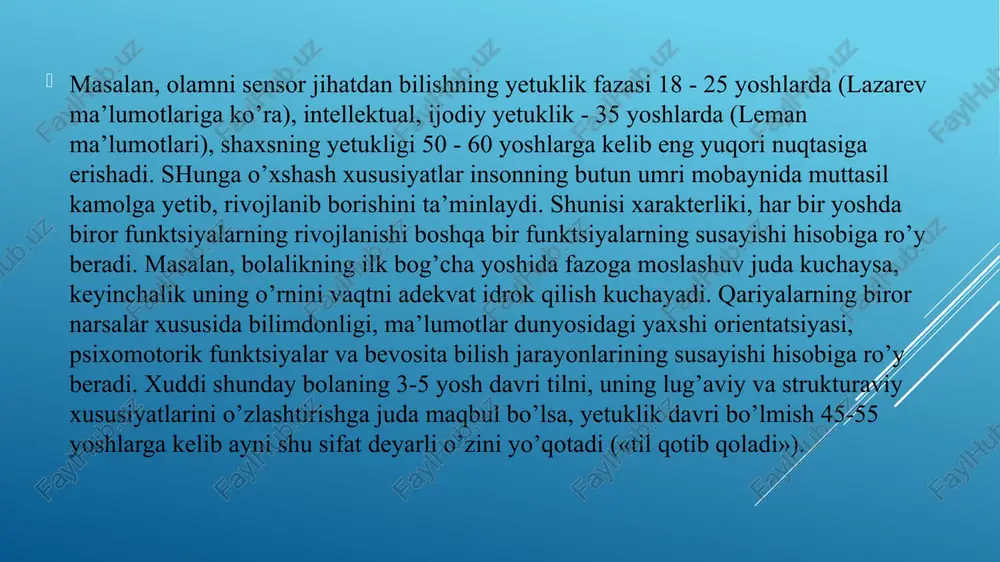 i tashkil etish bosqichi (3 - 11 yoshlar); formal operatsiyalar bosqichi (12 - 15 yoshlar). bu davrda bola nafaqat bevosita ko’rib turgan narsasi, balki mavxum tushunchalar va so’zlar vositasida ham fikr yurita oladi. d.b. elonining yosh davrlari bosqichlari ham shu guruhga kiradi va u ham bolalikning uch davrini farqlaydi: ilk bolalik, bolalik va o’smirlik. har bir bosqichning o’ziga xos yetakchi faoliyati, o’zgarishlari va rivojlanish shart - sharoitlari mavjud bo’ladi va ularni bilish tarbiyachilar uchun katta amaliy ahamiyatga ega bo’ladi. har bir bosqichda faoliyat motivlari ham o’zgaradi, ularning o’zgarishi shaxs ehtiyojlari va talablari darajasining o’zgarishiga mos tarzda ro’y beradi. inson hayotining barcha davrini yaxlit tarzda qamrab olgan klassifikatsiyalardan biri butun jaxon olimlarining qaroriga ko’ra, 1965 yili fanlar akademiyasining maxsus simpoziumida qabul qilingan sxema hisoblanadi. u quyidagi 6 - jadvalda keltirilgan. u b.g. ananev, chet ellik olim birrenlar taklif etgan klassifikatsiyaga yaqin bo’lib, umumlashtirilgan toifalashdir. yosh davrlari erkaklarda ayollarda chaqaloqlik 1 – …
